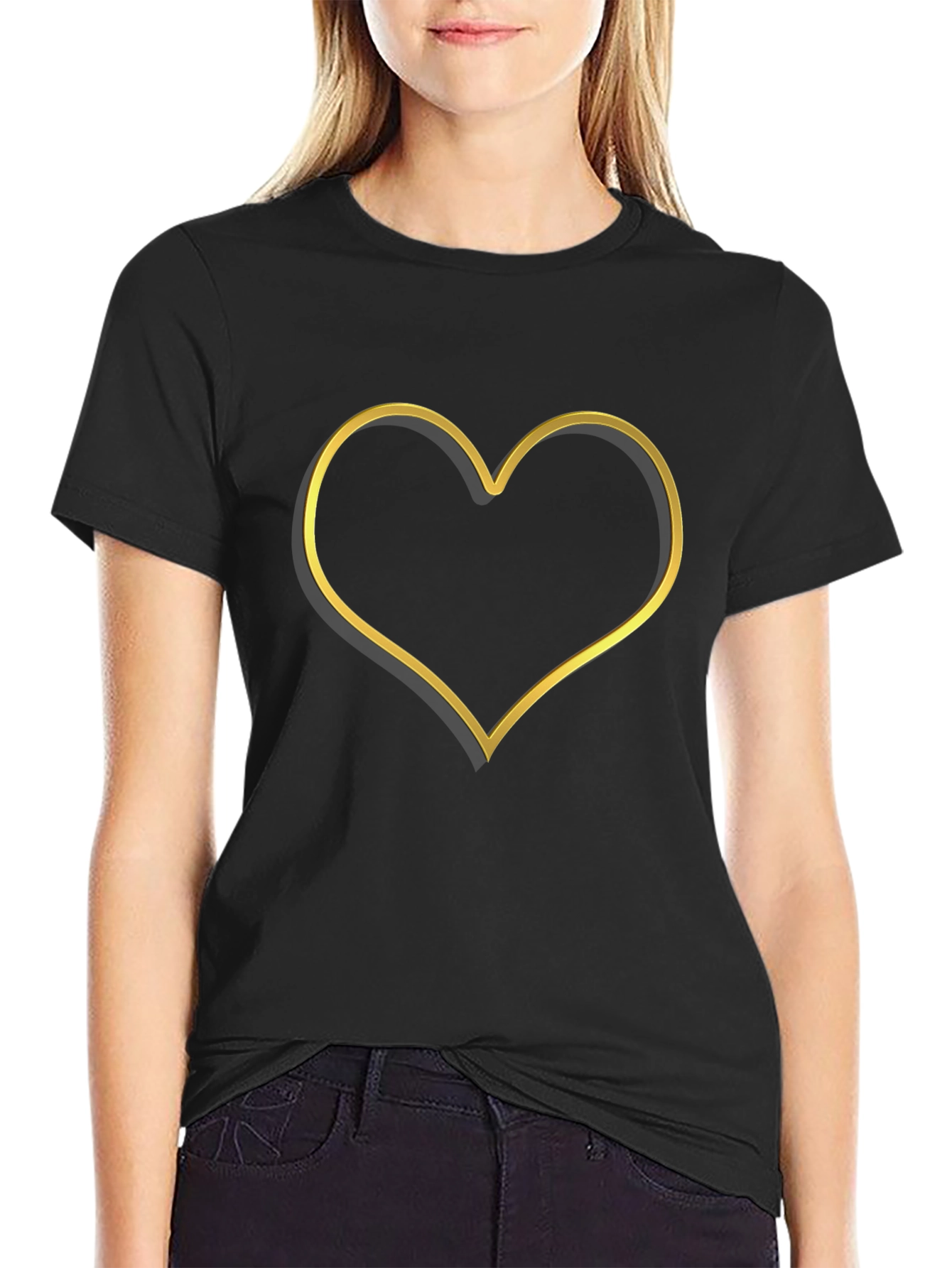 Golden Heart Outline Black T-Shirt