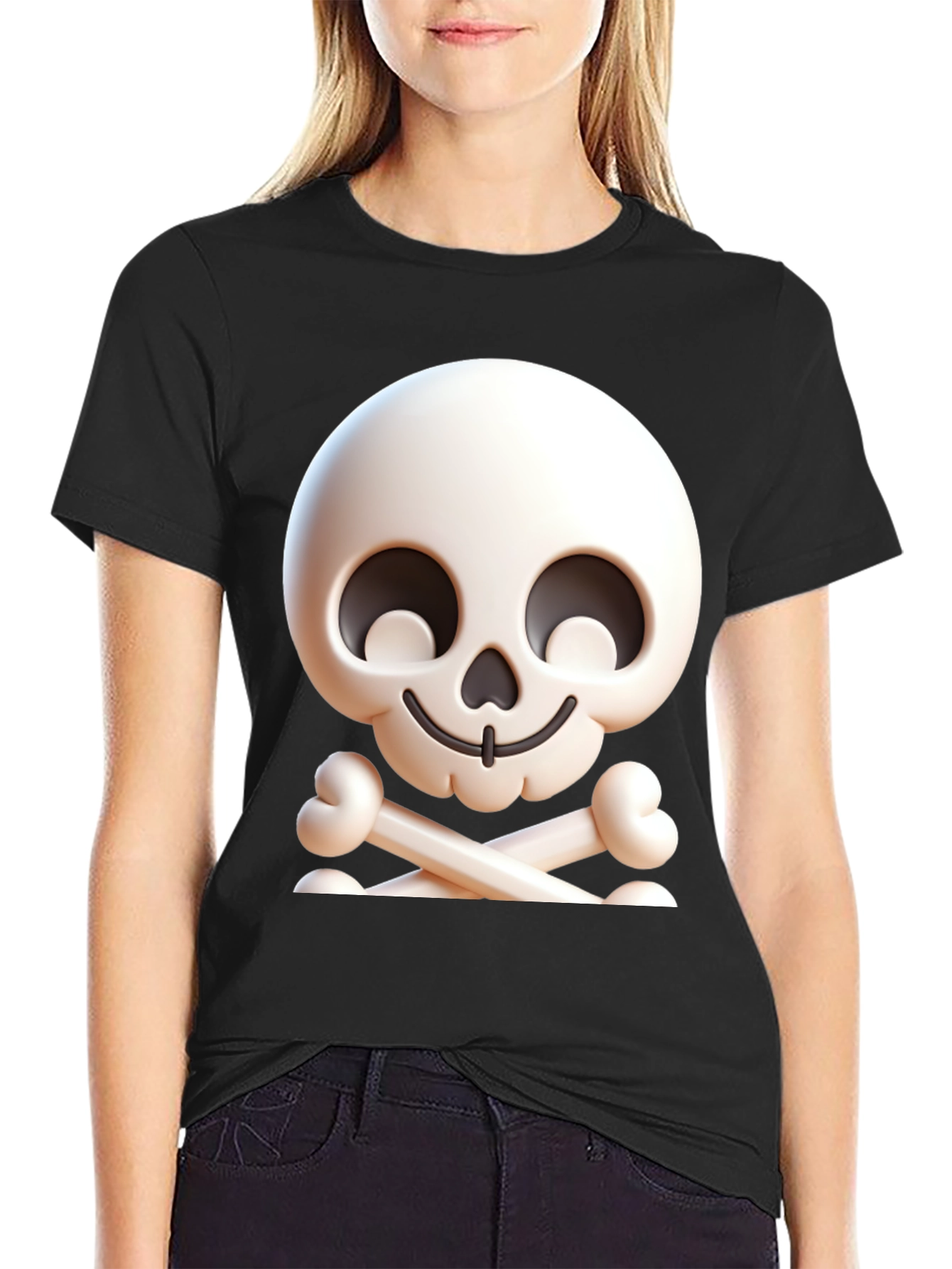 Cartoon Skull & Crossbones Graphic Black T-Shirt