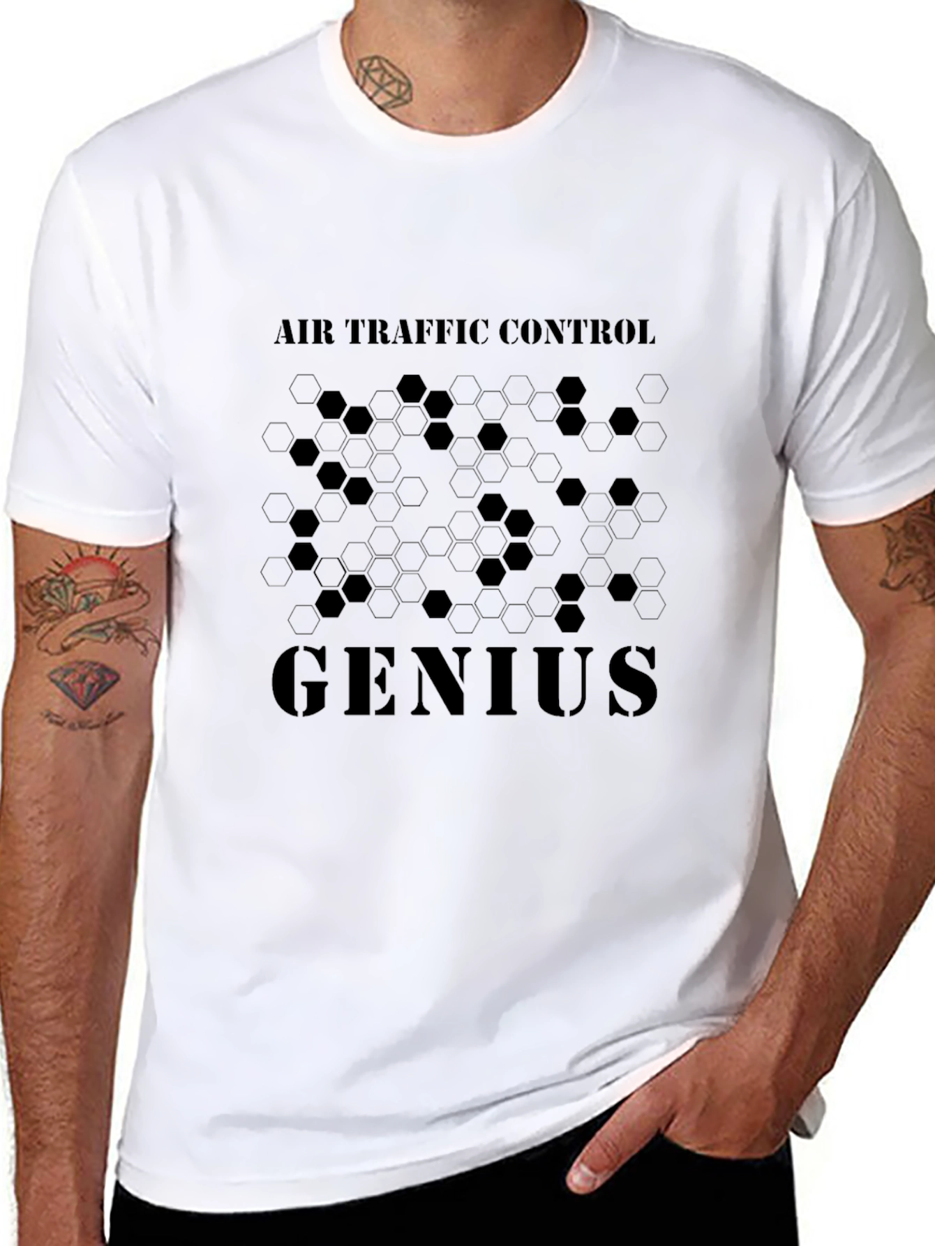 Air Traffic Control Genius Hexagon Design Black T-Shirt