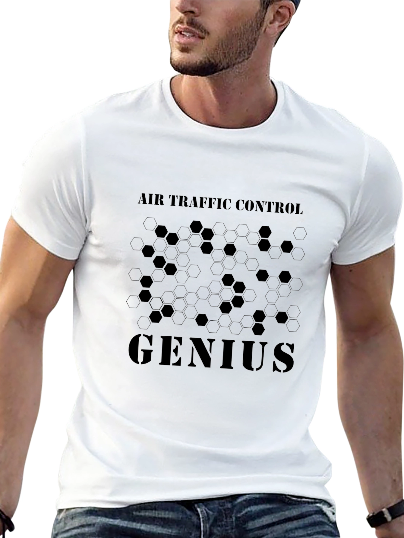 Air Traffic Control Genius Hexagon Design Black T-Shirt