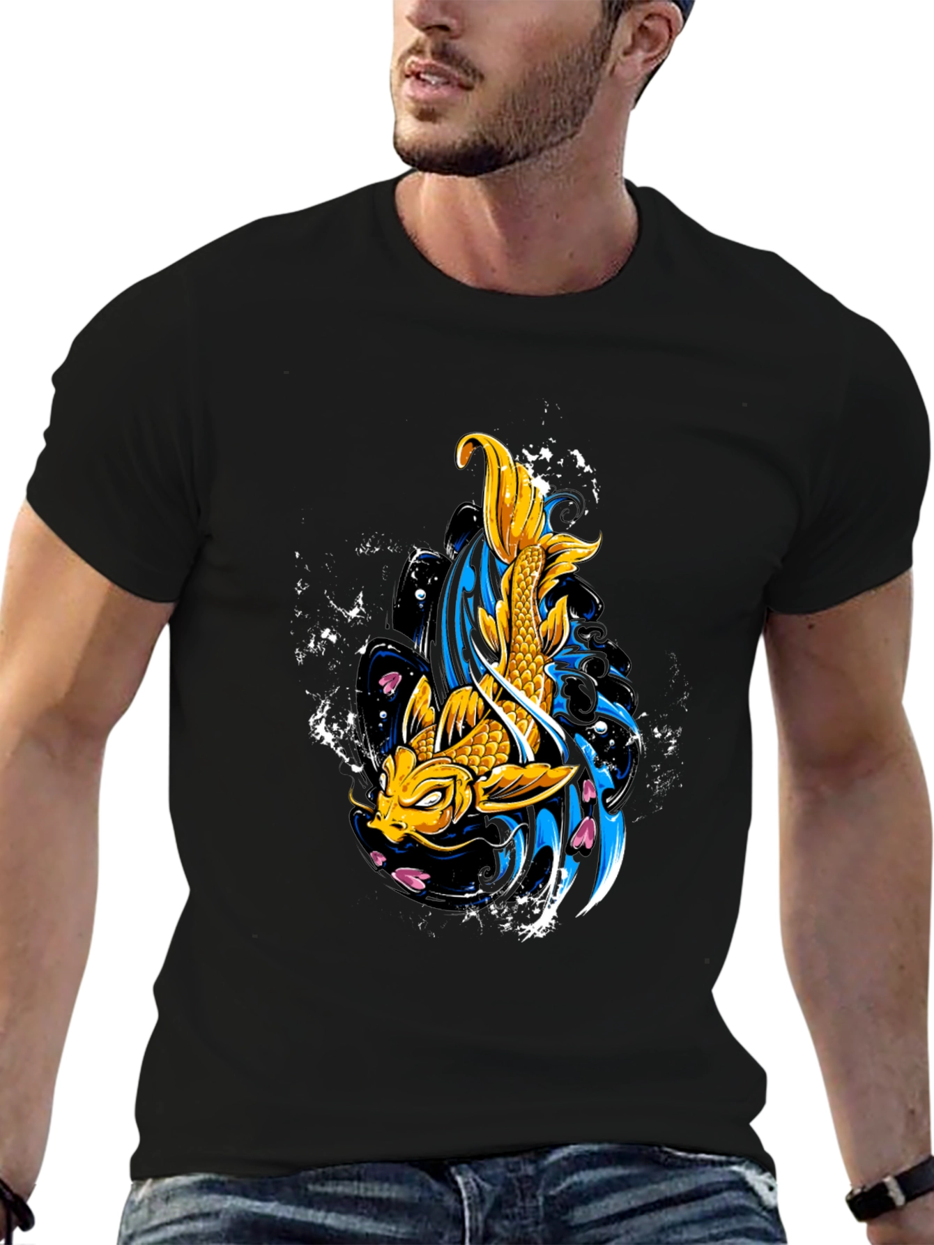 Koi Fish Graphic Tee - Black Cotton T-Shirt