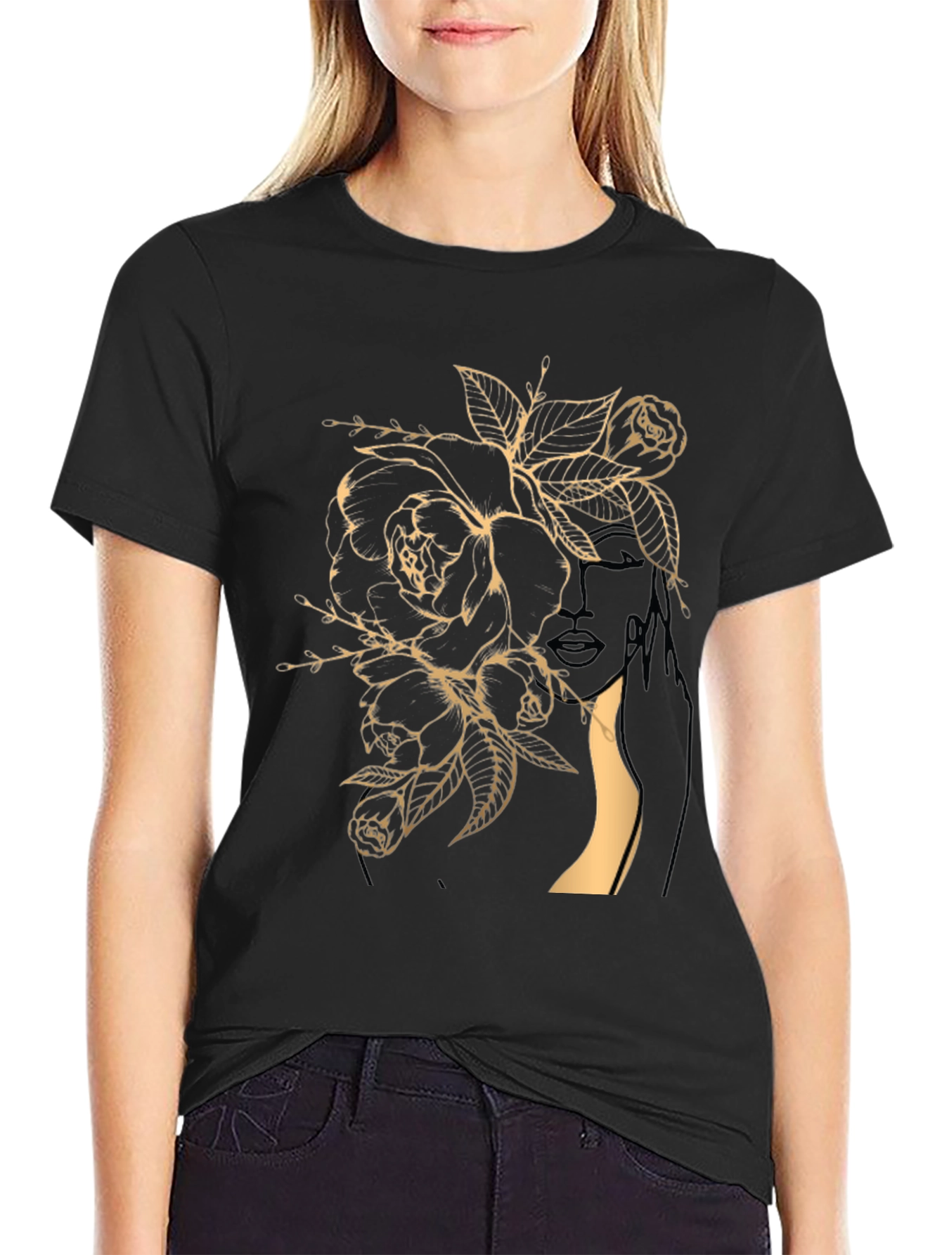 Floral Woman Graphic Tee - Stylish Black T-Shirt