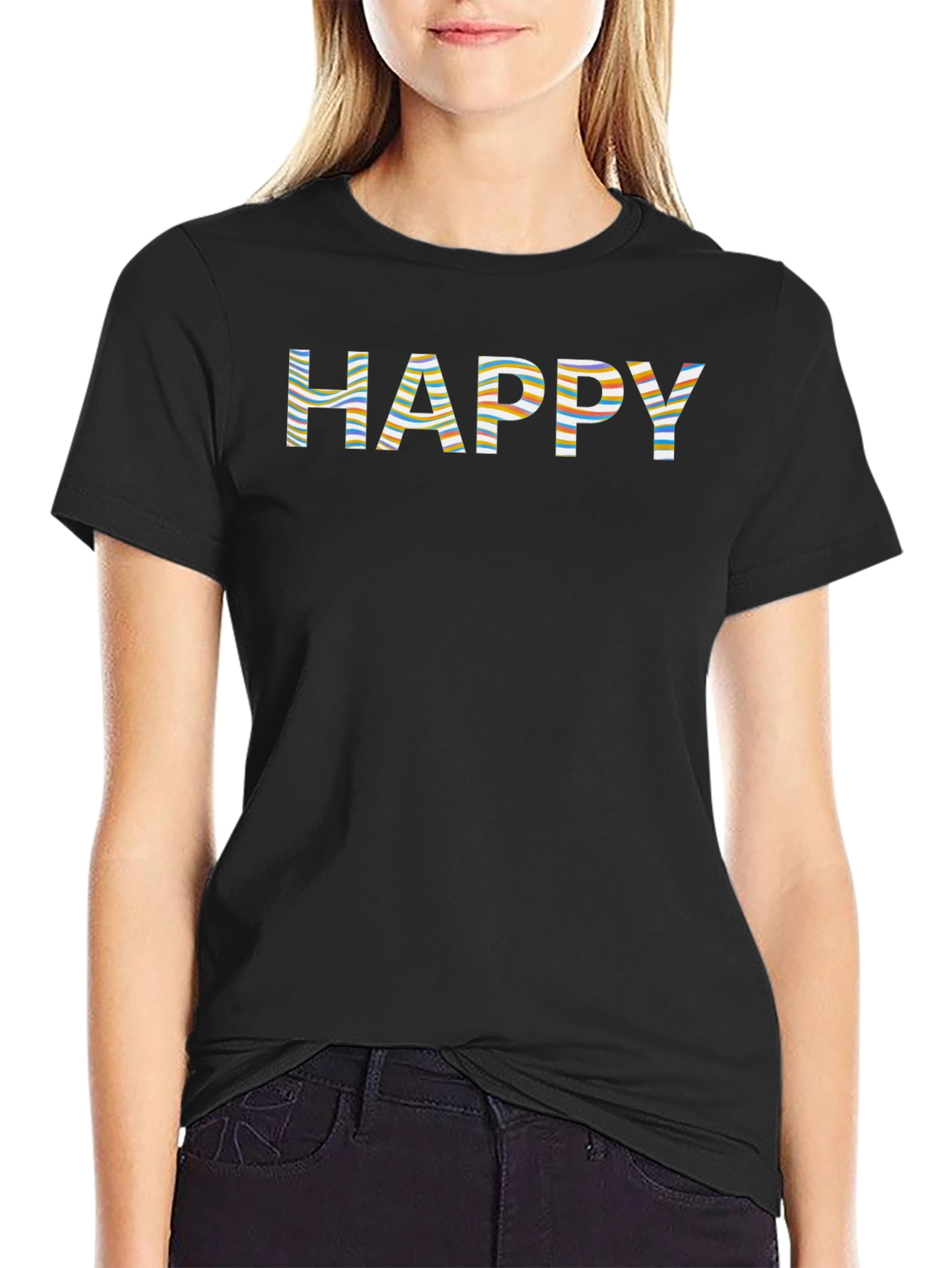 Striped Happy Graphic Print Black T-Shirt