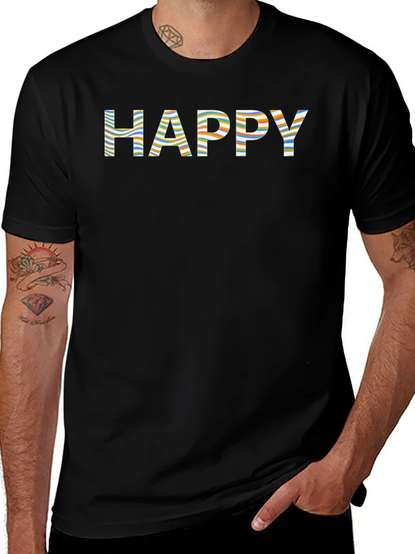 Striped Happy Graphic Print Black T-Shirt