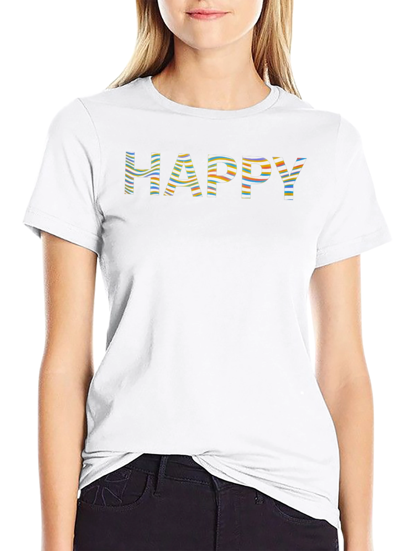 Striped Happy Graphic Print Black T-Shirt