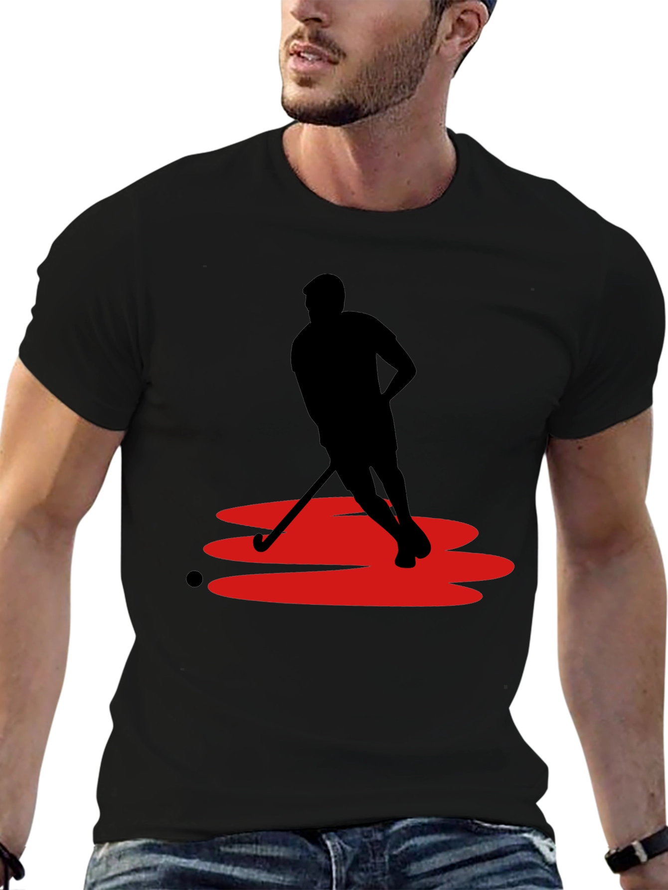 Hockey Player Graphic Tee - Black Cotton Blend