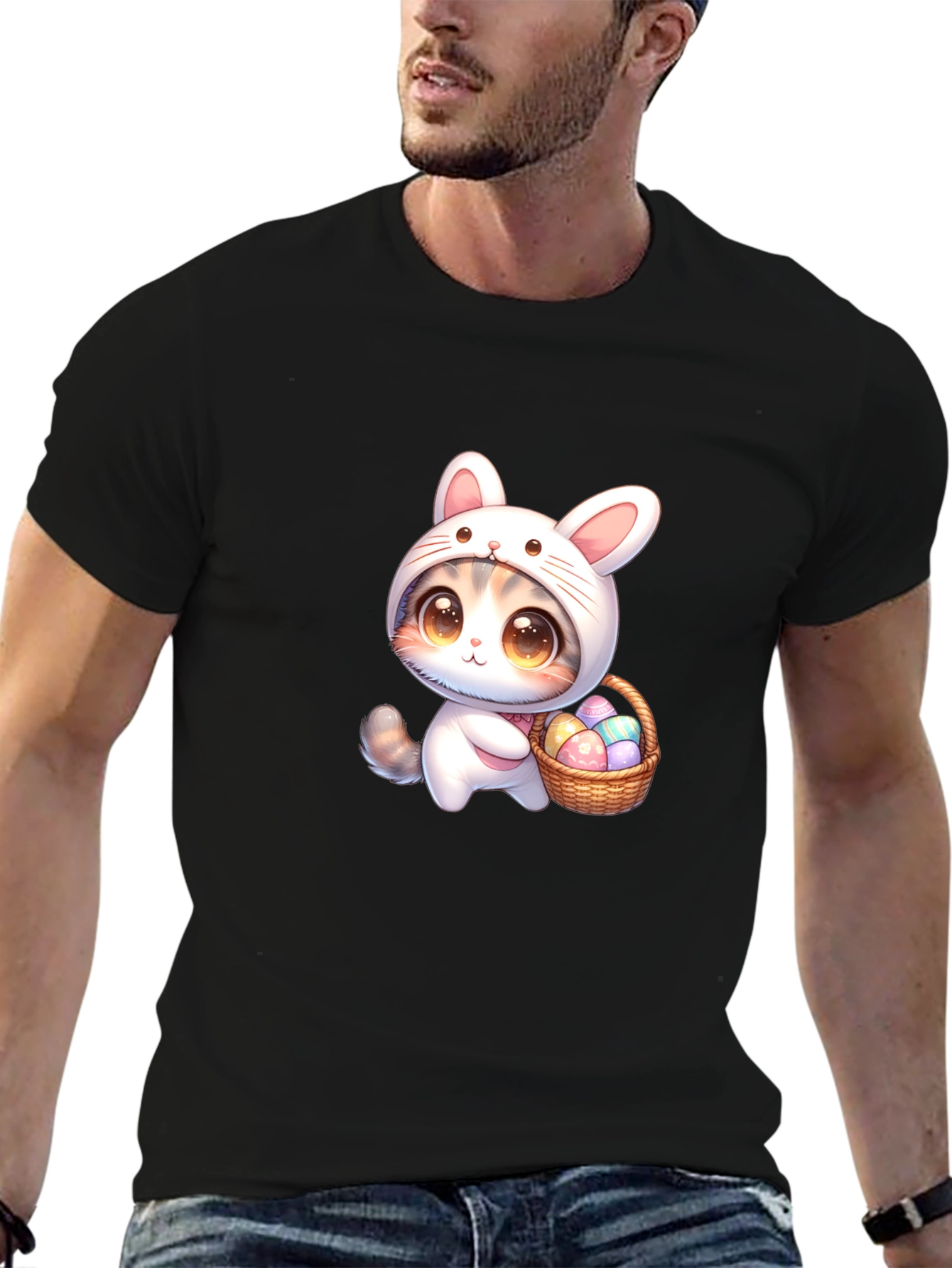 Cute Easter Bunny Kitten Black T-Shirt