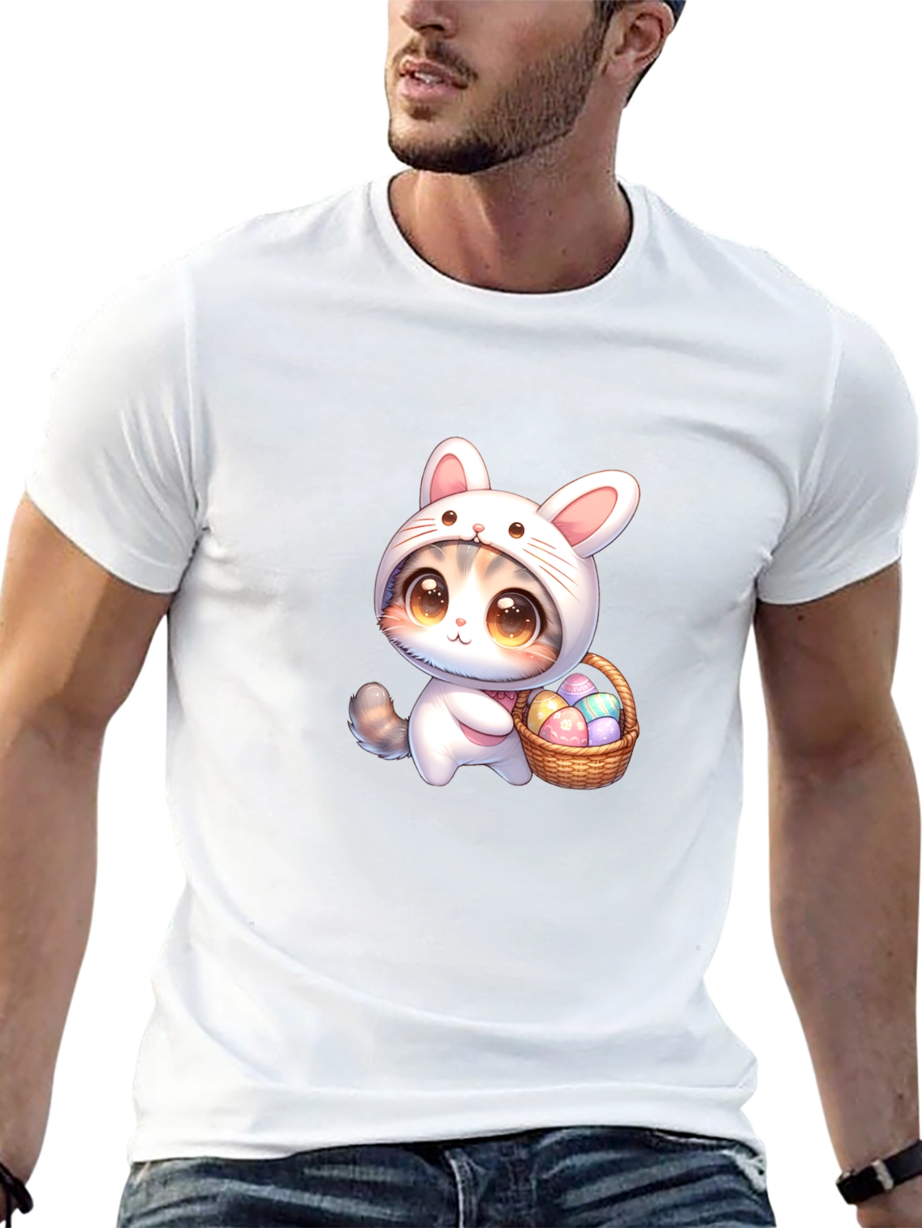 Cute Easter Bunny Kitten Black T-Shirt