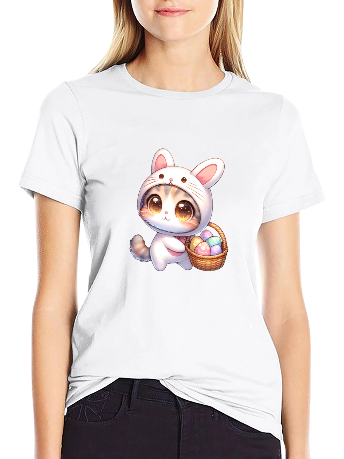 Cute Easter Bunny Kitten Black T-Shirt