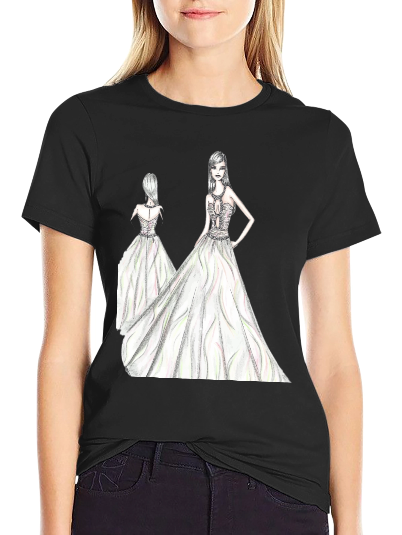 Elegant Womens Fashion Sketch Black T-Shirt