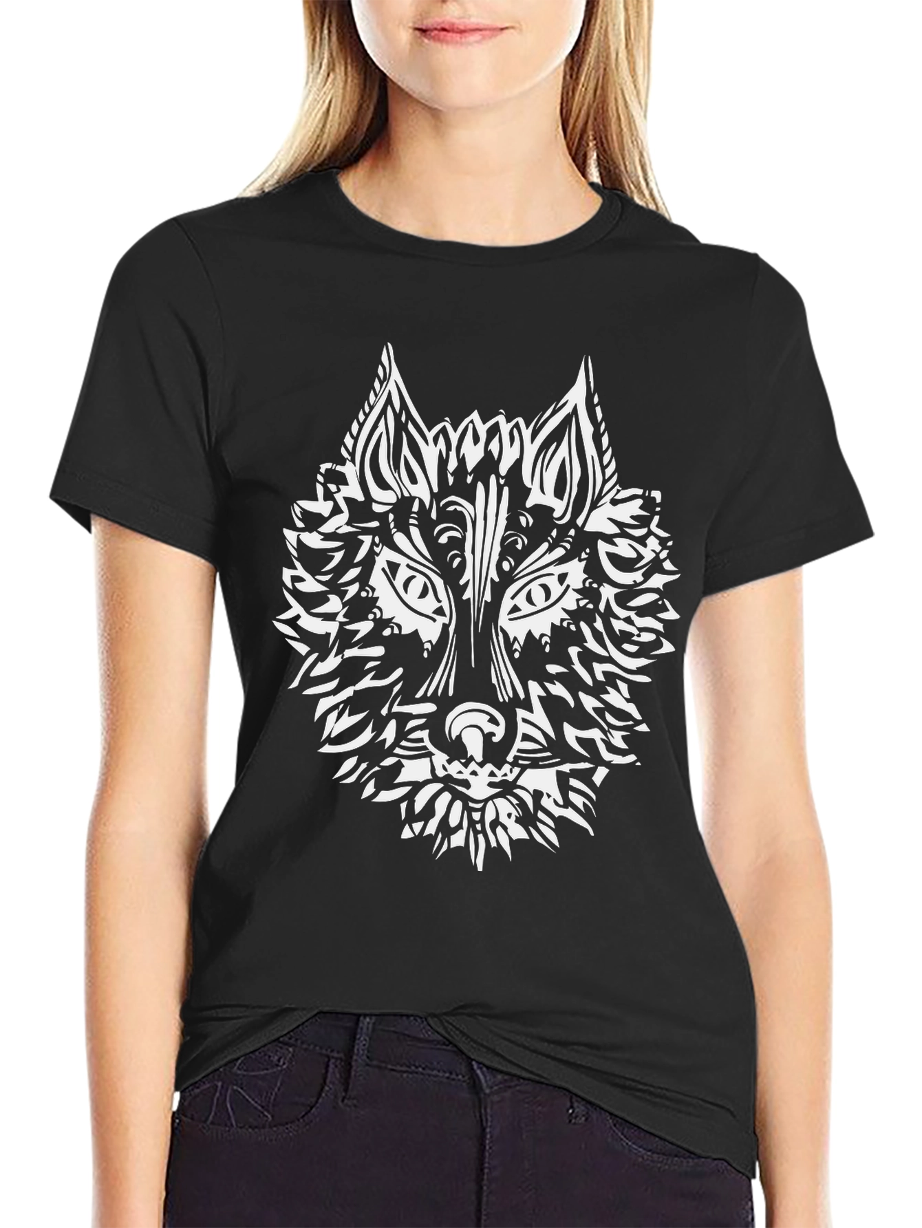 Tribal Wolf Graphic Tee - Black Cotton T-Shirt