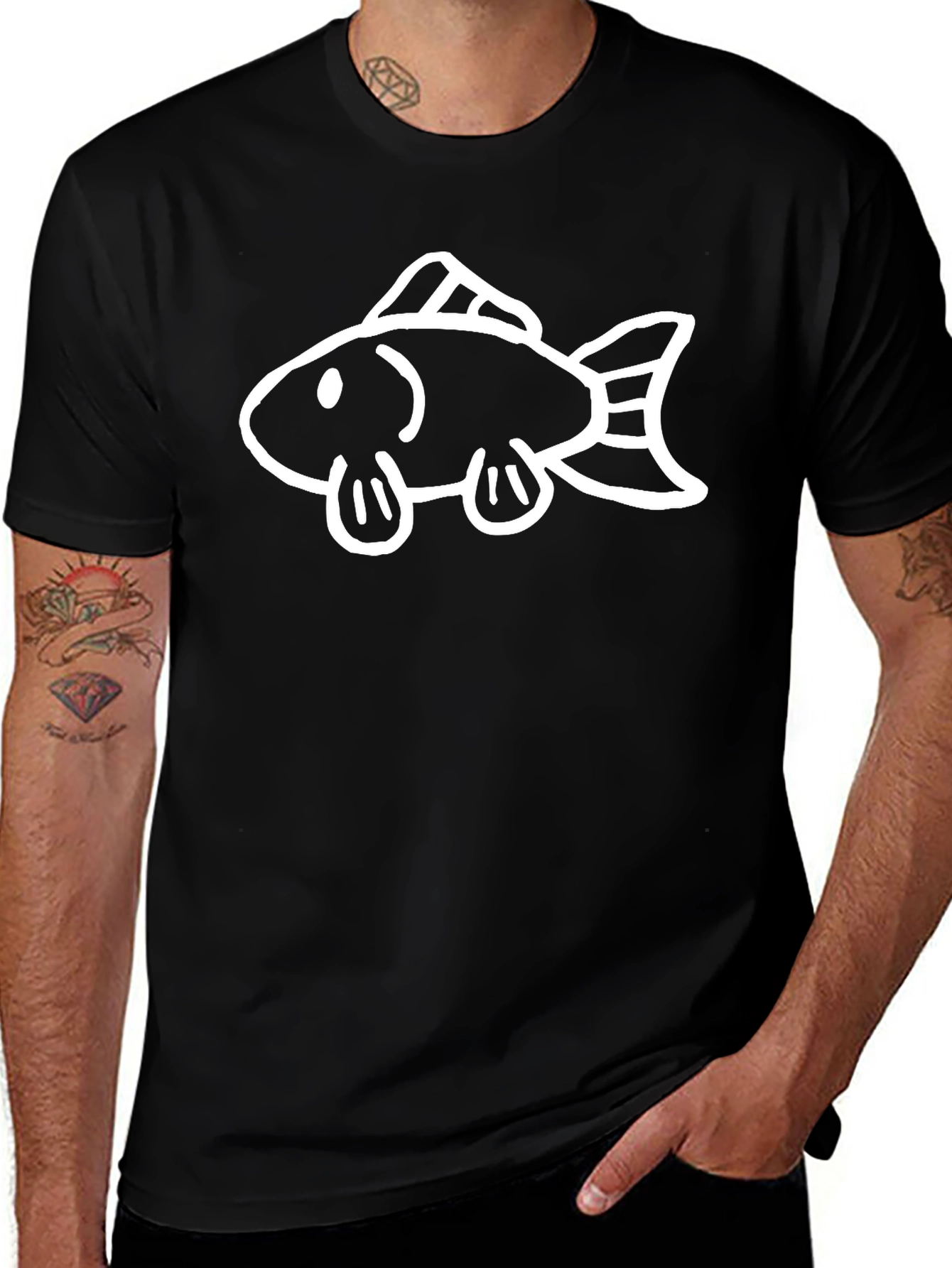 Mens Black T-Shirt with White Fish Graphic