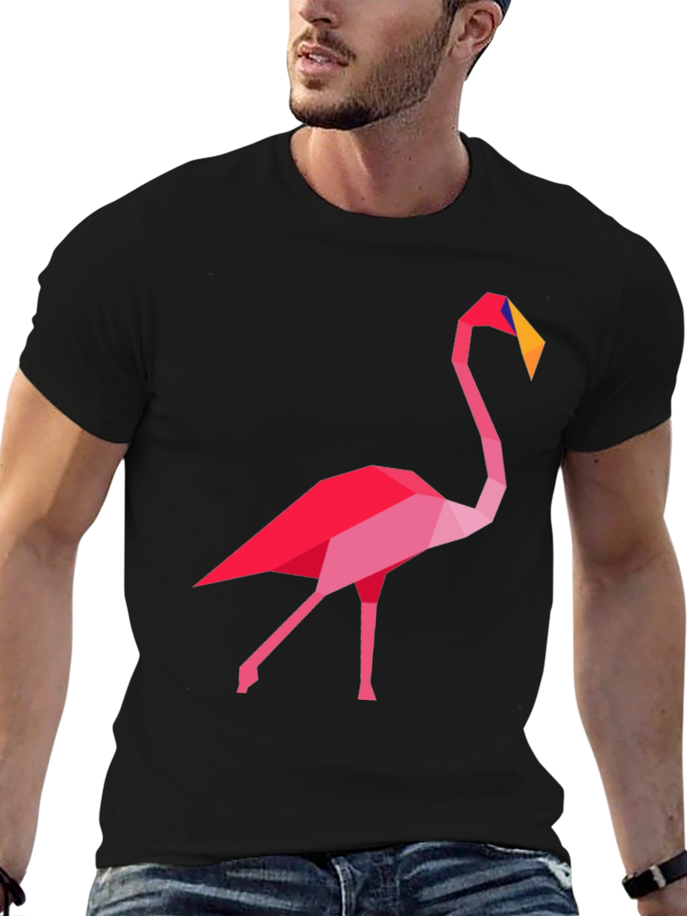 Geometric Flamingo Graphic Tee - Casual Black T-Shirt