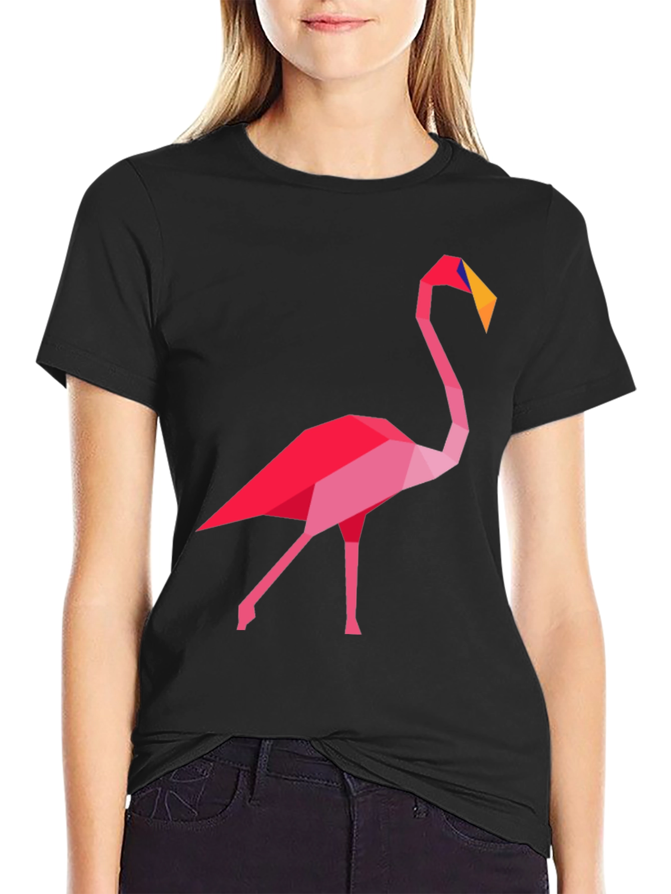 Geometric Flamingo Graphic Tee - Casual Black T-Shirt