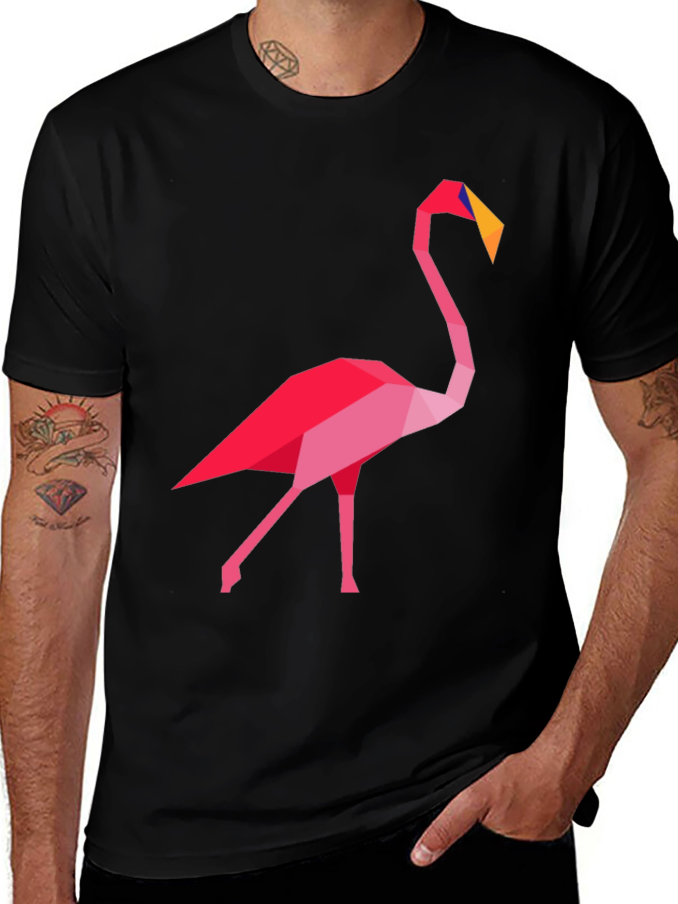 Geometric Flamingo Graphic Tee - Casual Black T-Shirt