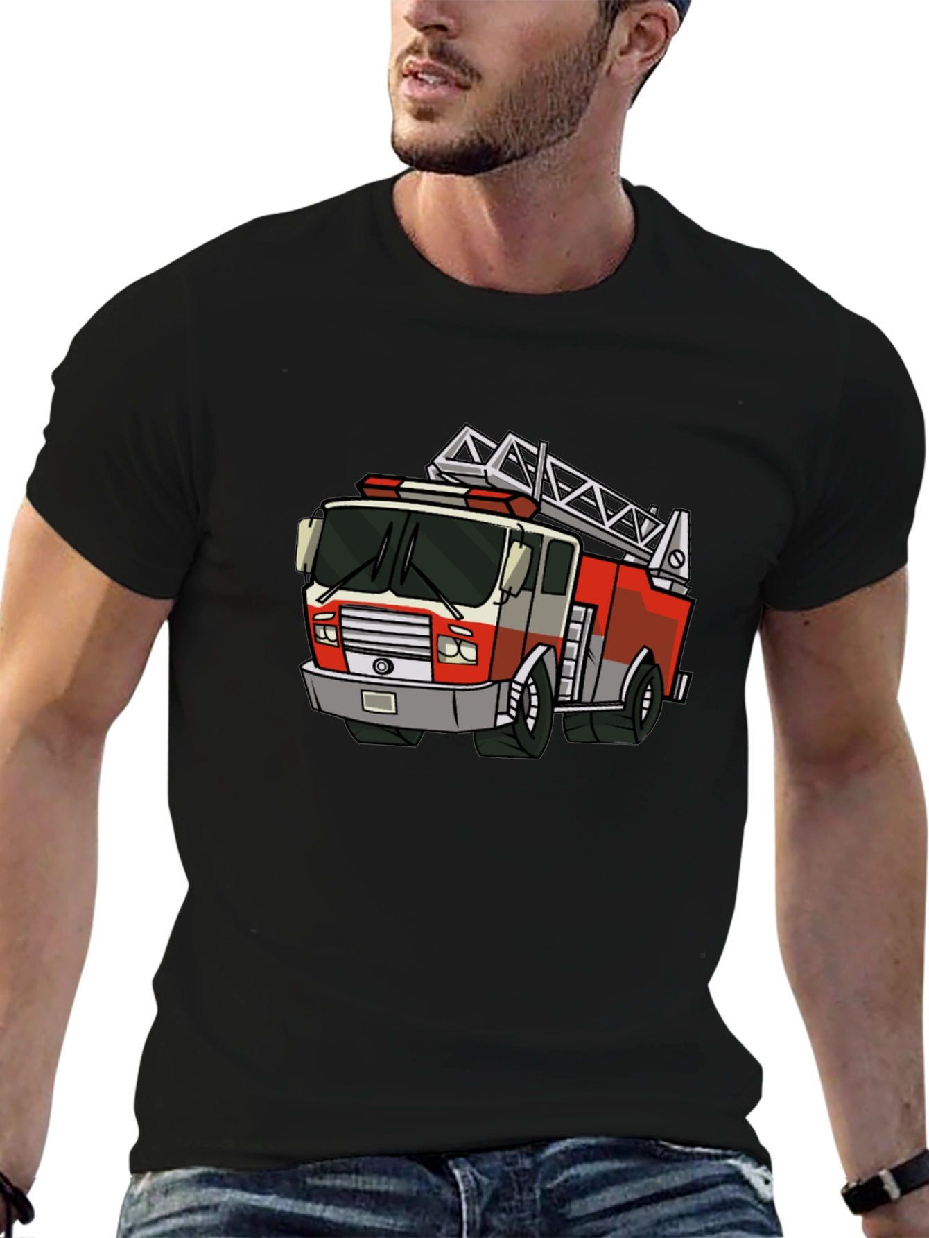 Cartoon Fire Truck Graphic Tee - Black