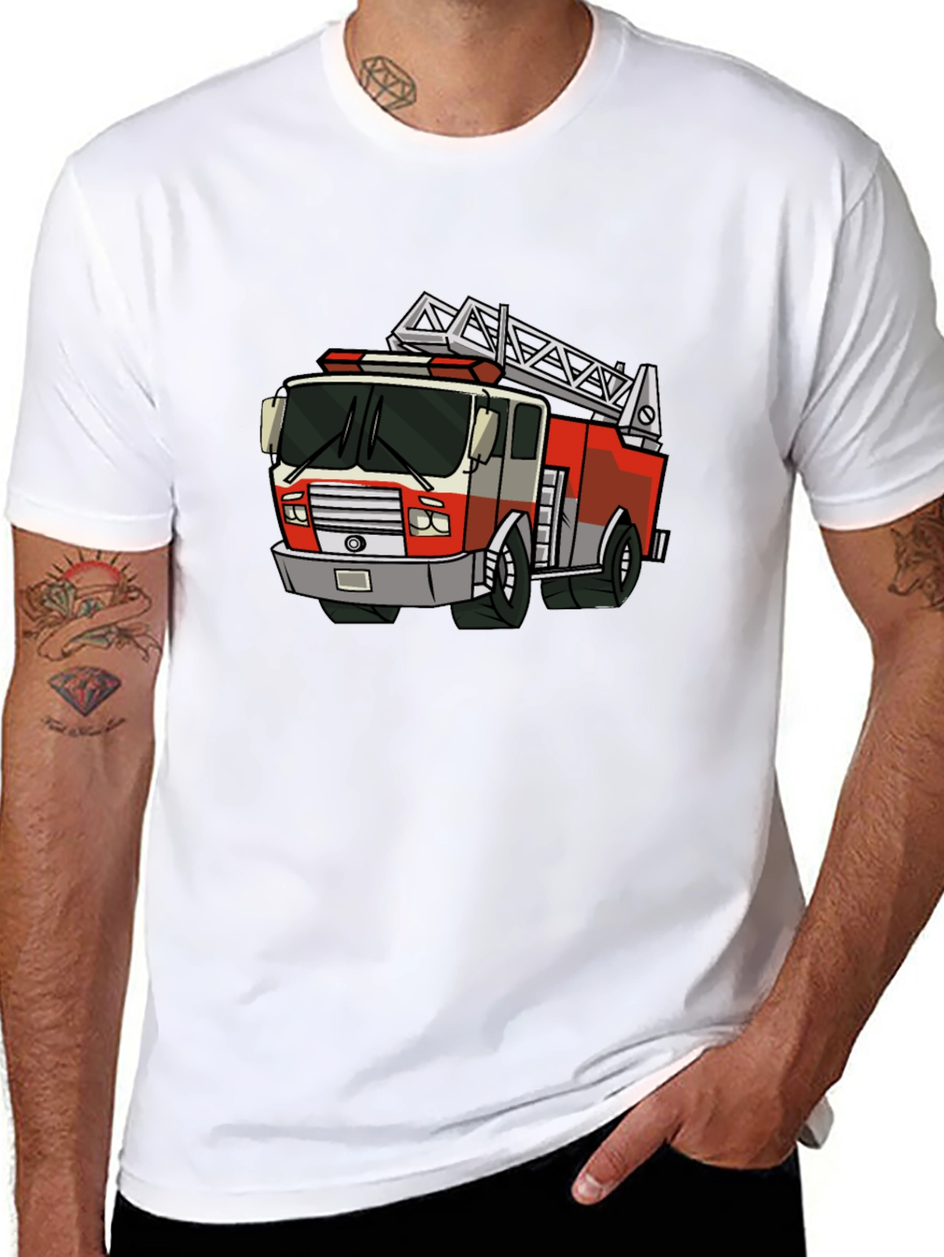 Cartoon Fire Truck Graphic Tee - Black