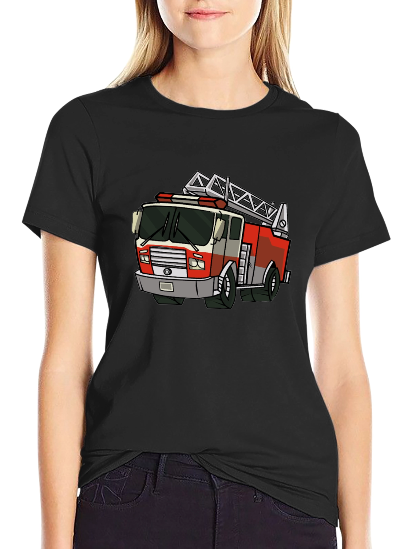 Cartoon Fire Truck Graphic Tee - Black