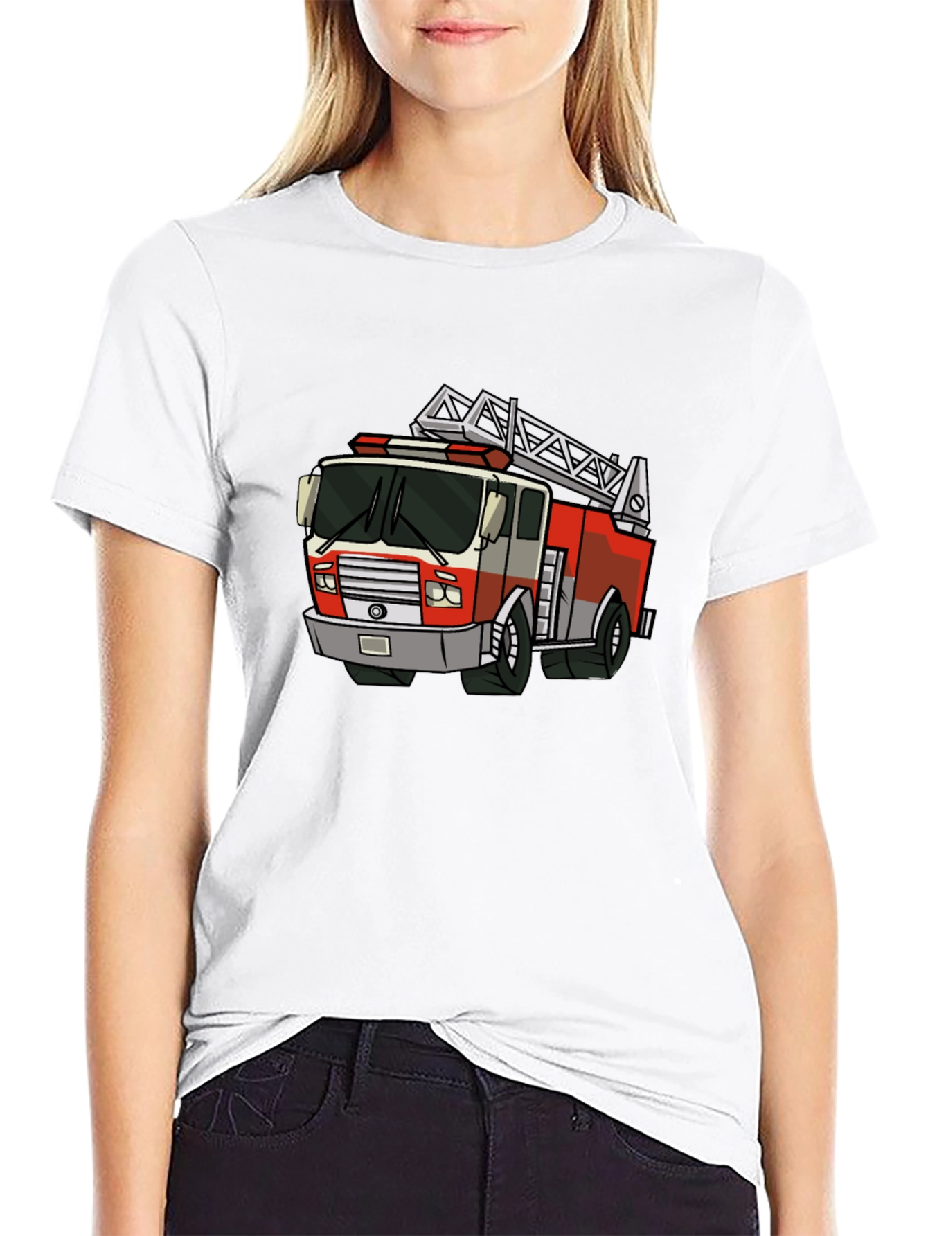 Cartoon Fire Truck Graphic Tee - Black