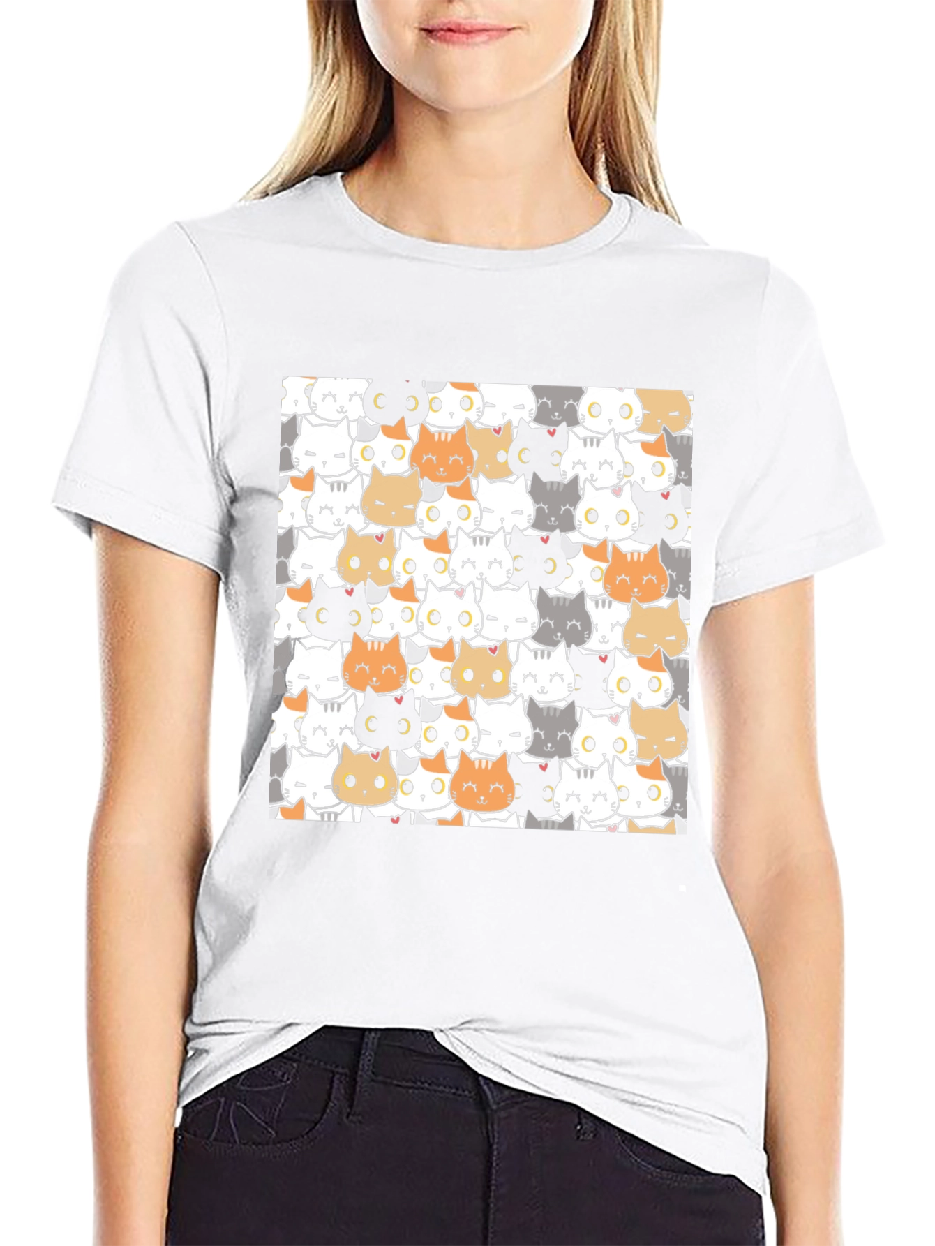 Cute Cartoon Cat Print Black T-Shirt