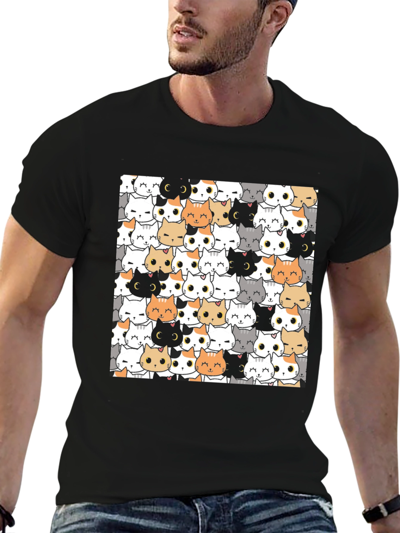 Cute Cartoon Cat Print Black T-Shirt