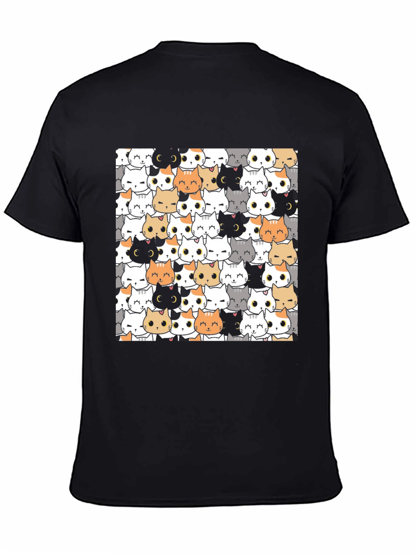 Cute Cartoon Cat Print Black T-Shirt
