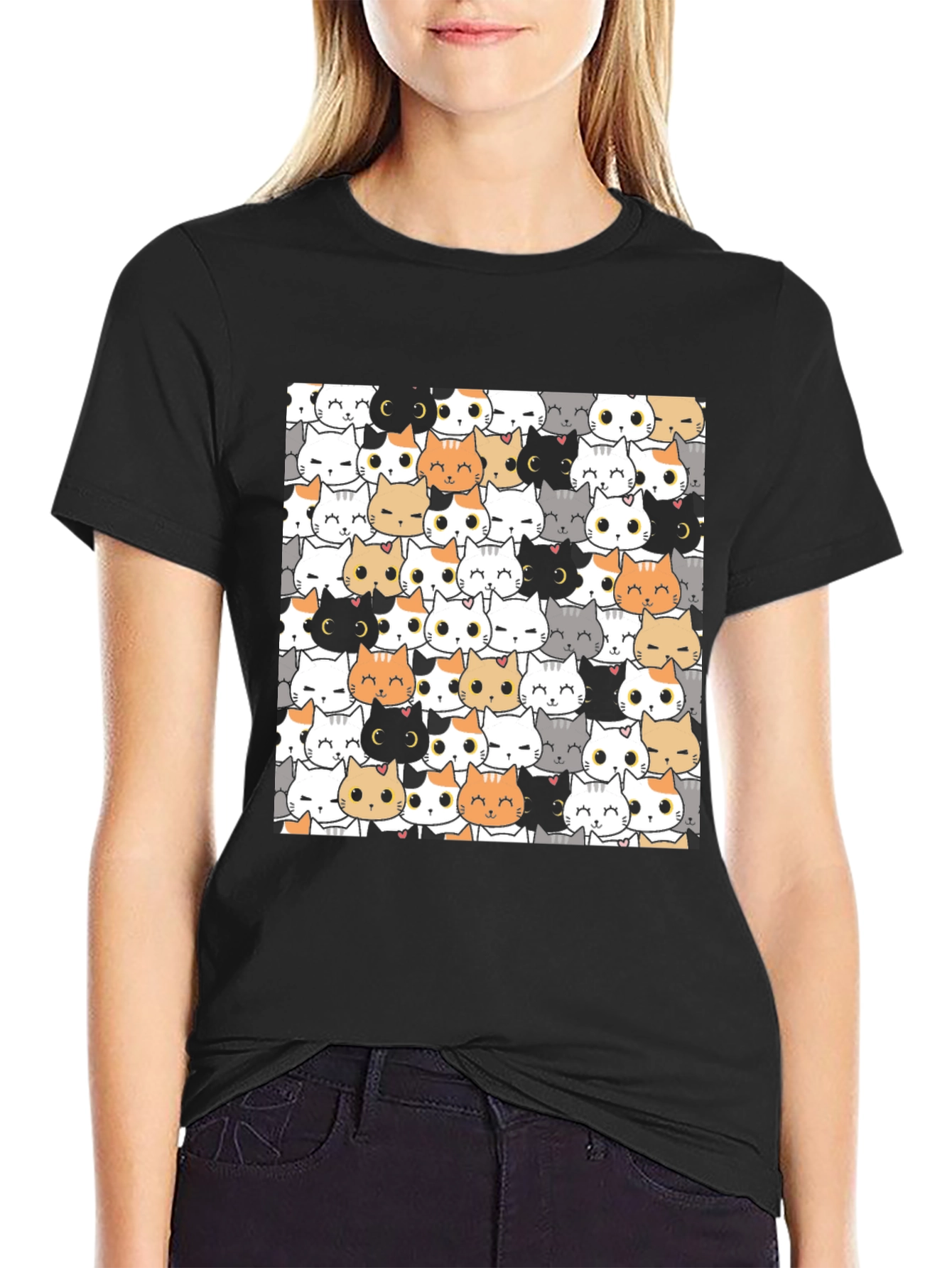 Cute Cartoon Cat Print Black T-Shirt