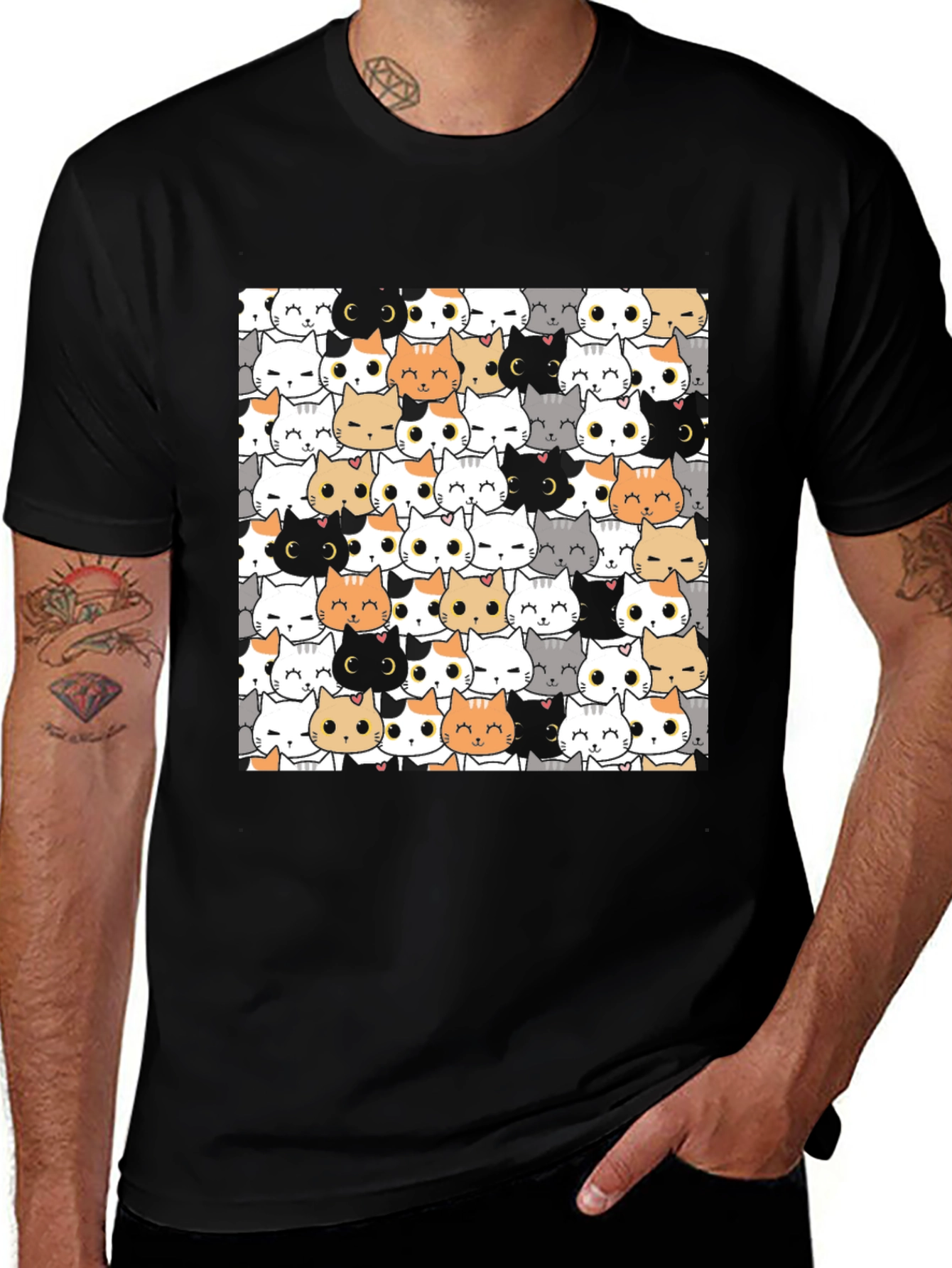 Cute Cartoon Cat Print Black T-Shirt
