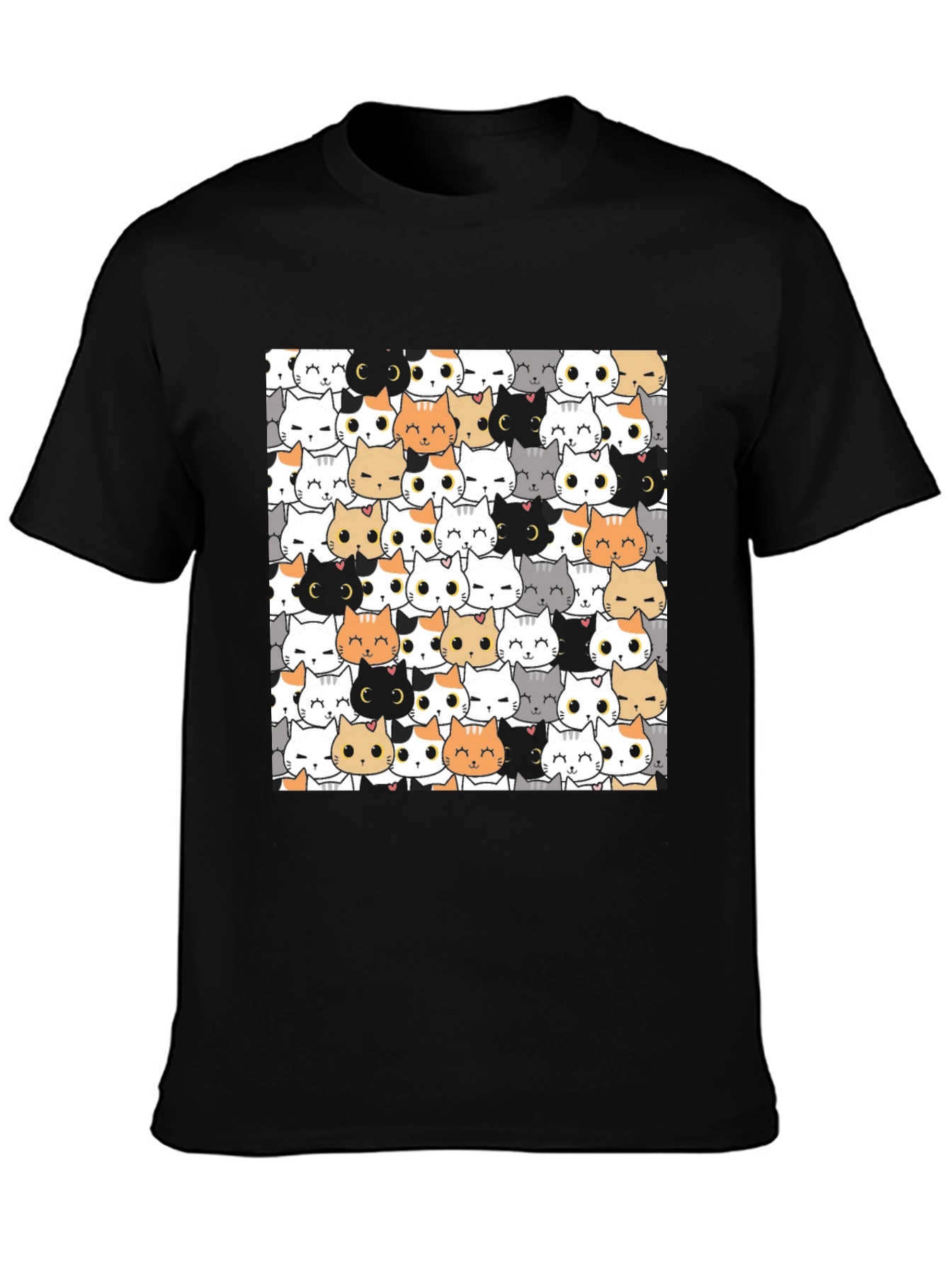Cute Cartoon Cat Print Black T-Shirt