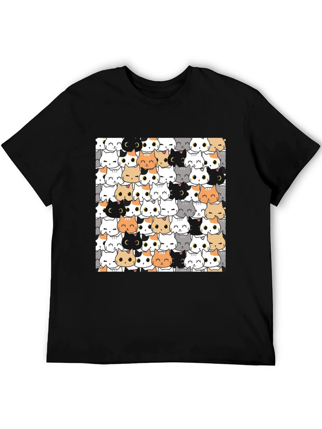 Cute Cartoon Cat Print Black T-Shirt