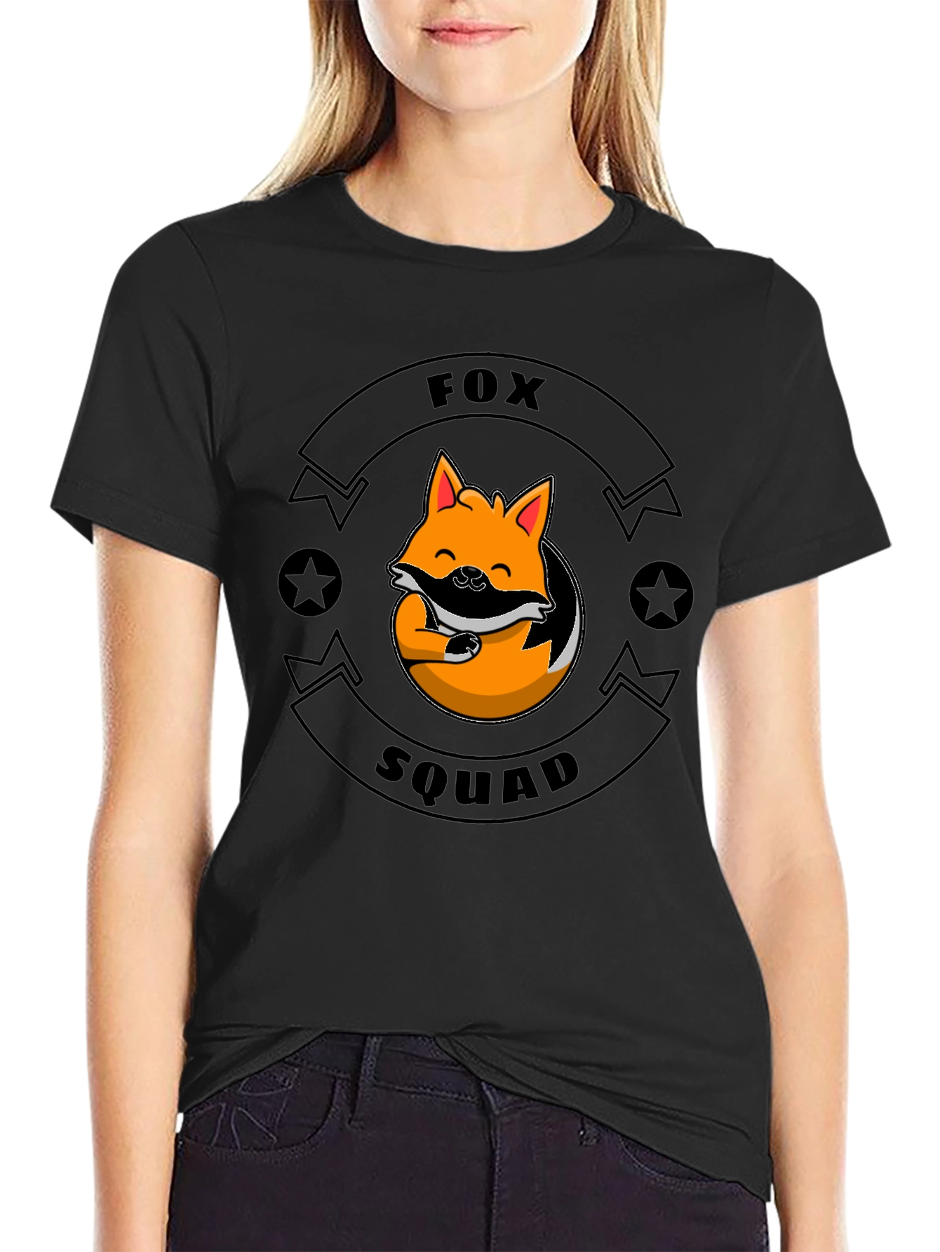 Fox Squad Black T-Shirt - Cute Cartoon Fox Design