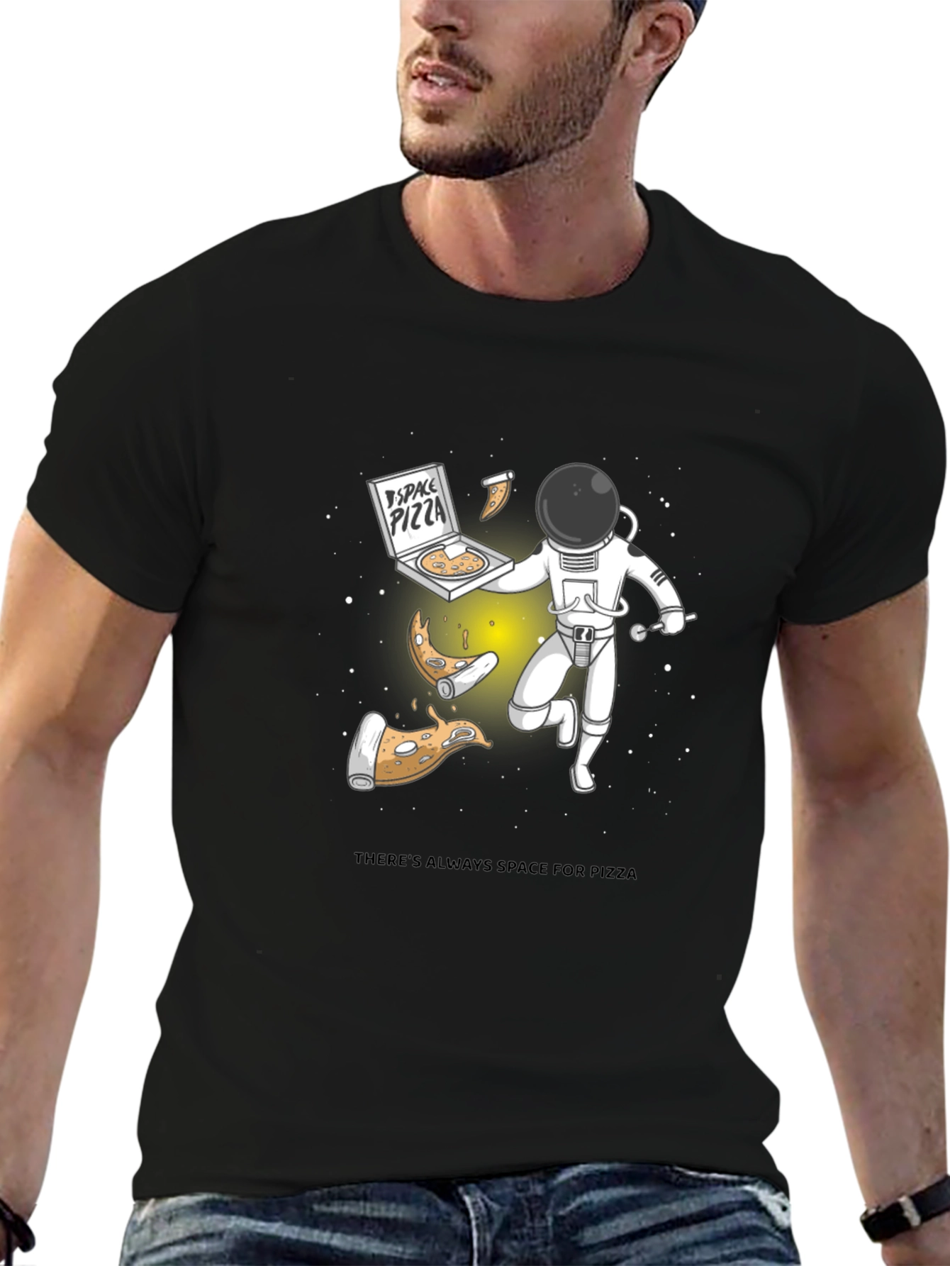 Space Pizza Black Graphic T-Shirt