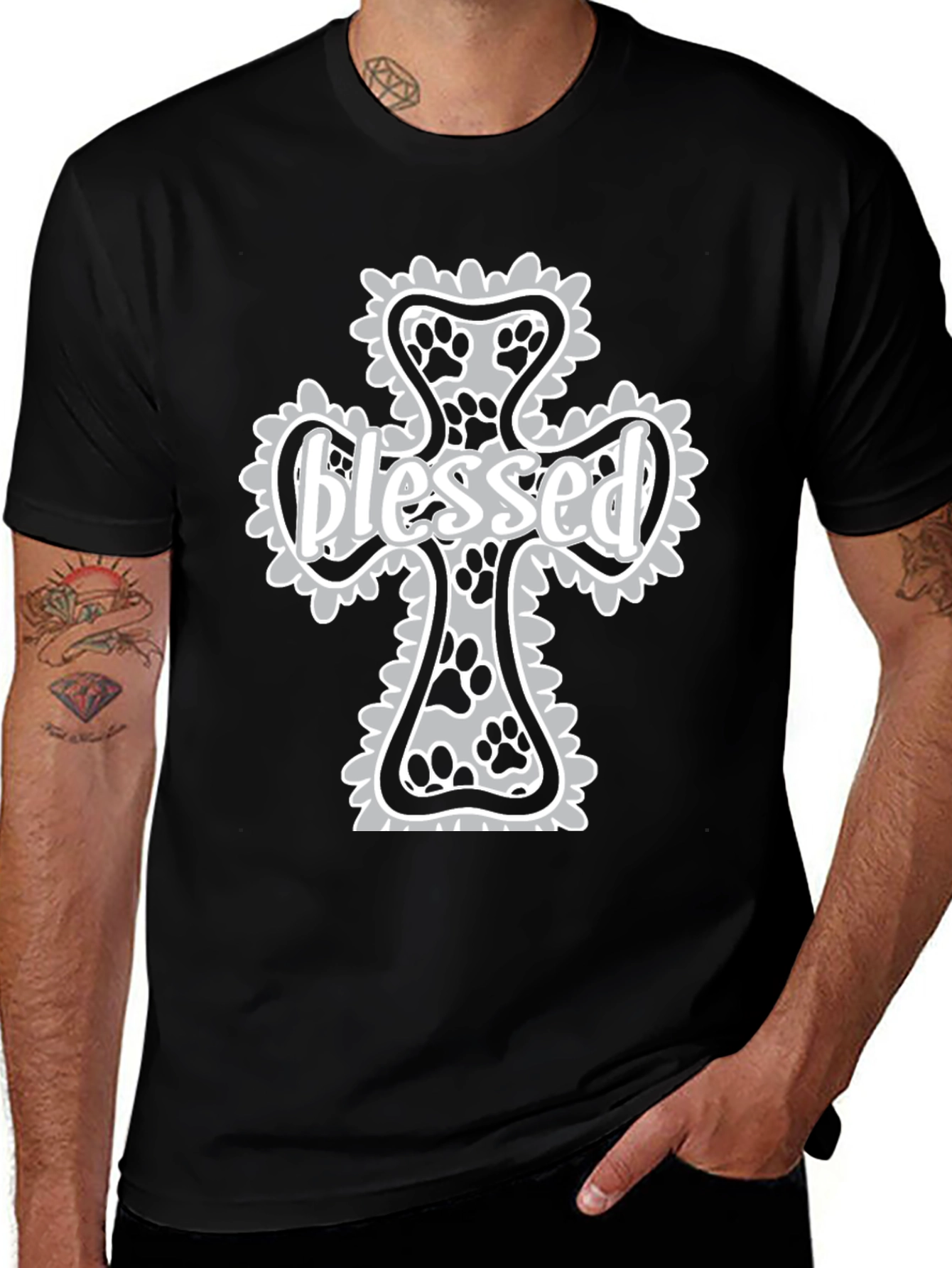 Blessed Paw Print Cross Graphic T-Shirt