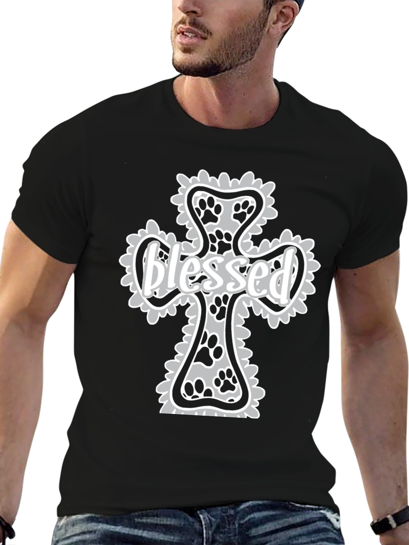 Blessed Paw Print Cross Graphic T-Shirt