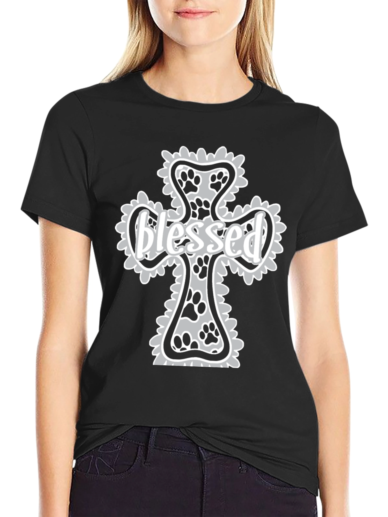 Blessed Paw Print Cross Graphic T-Shirt