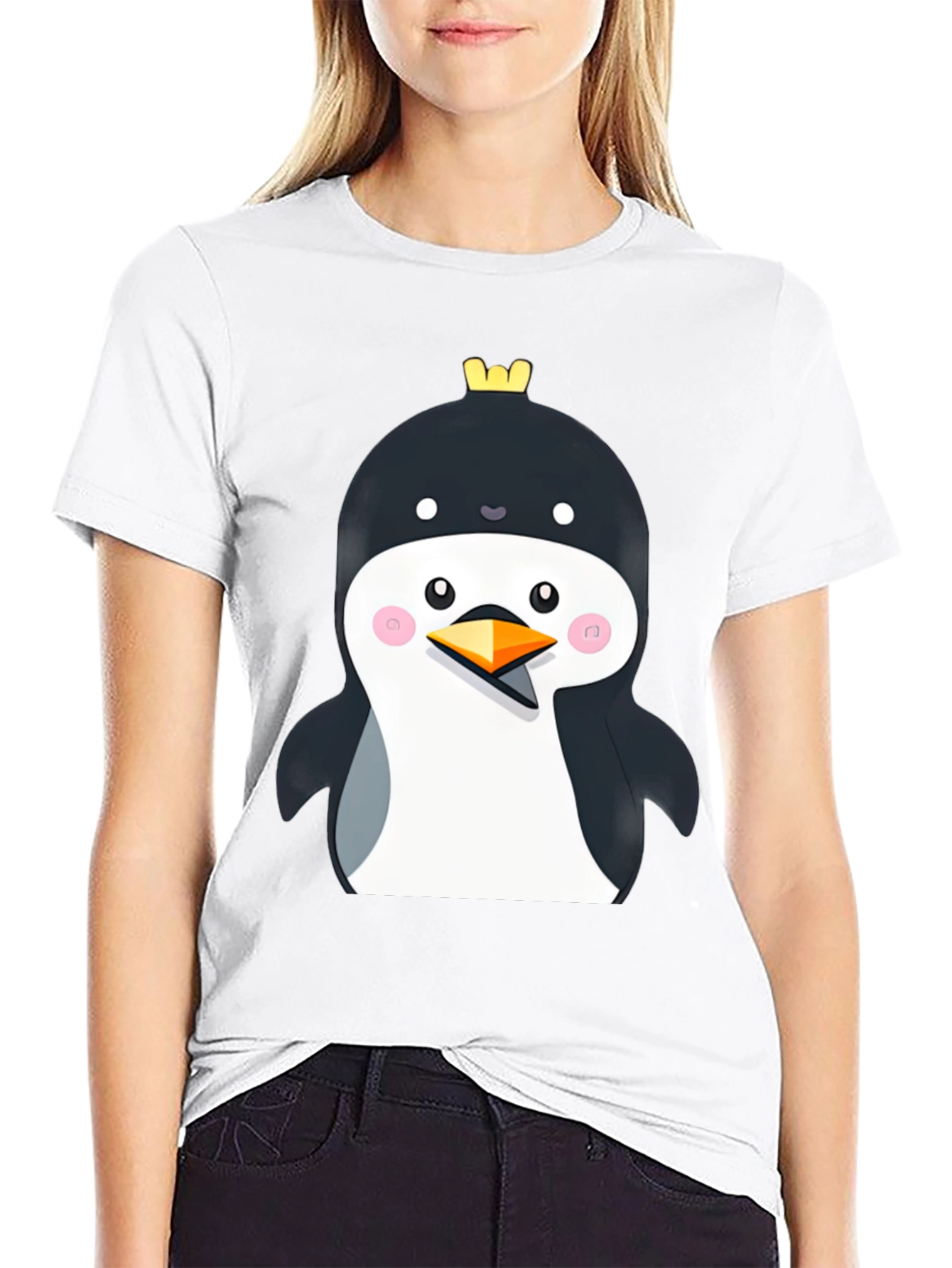 Penguin with Crown Black T-Shirt - Cute Cartoon Style