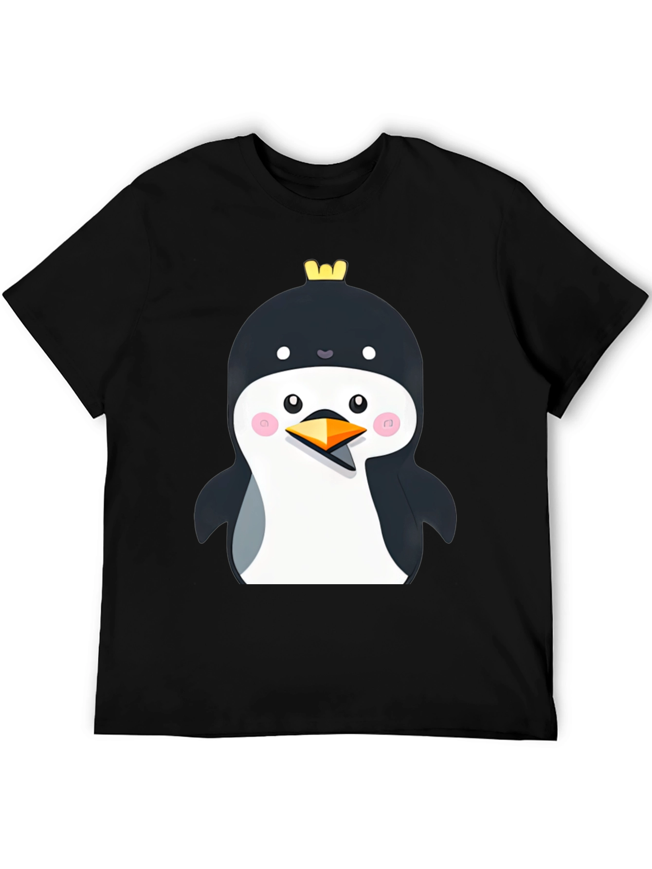 Penguin with Crown Black T-Shirt - Cute Cartoon Style