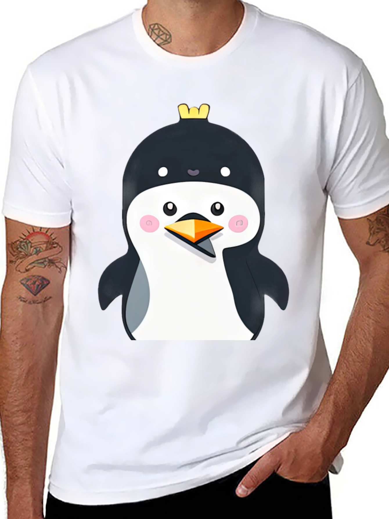 Penguin with Crown Black T-Shirt - Cute Cartoon Style