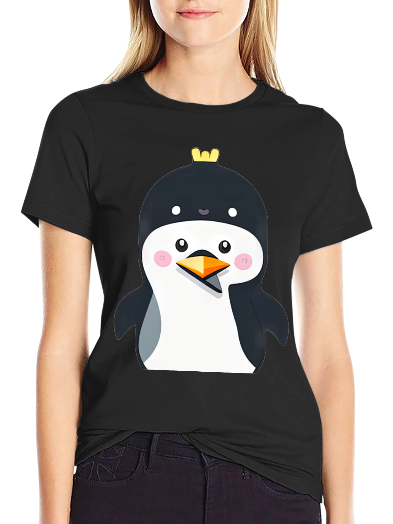 Penguin with Crown Black T-Shirt - Cute Cartoon Style