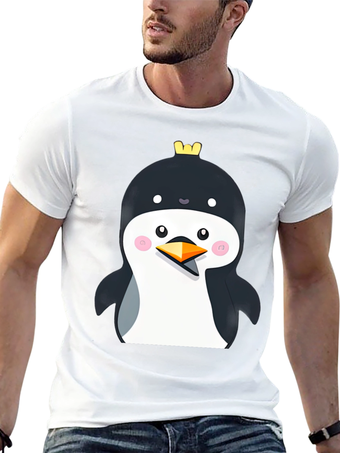 Penguin with Crown Black T-Shirt - Cute Cartoon Style