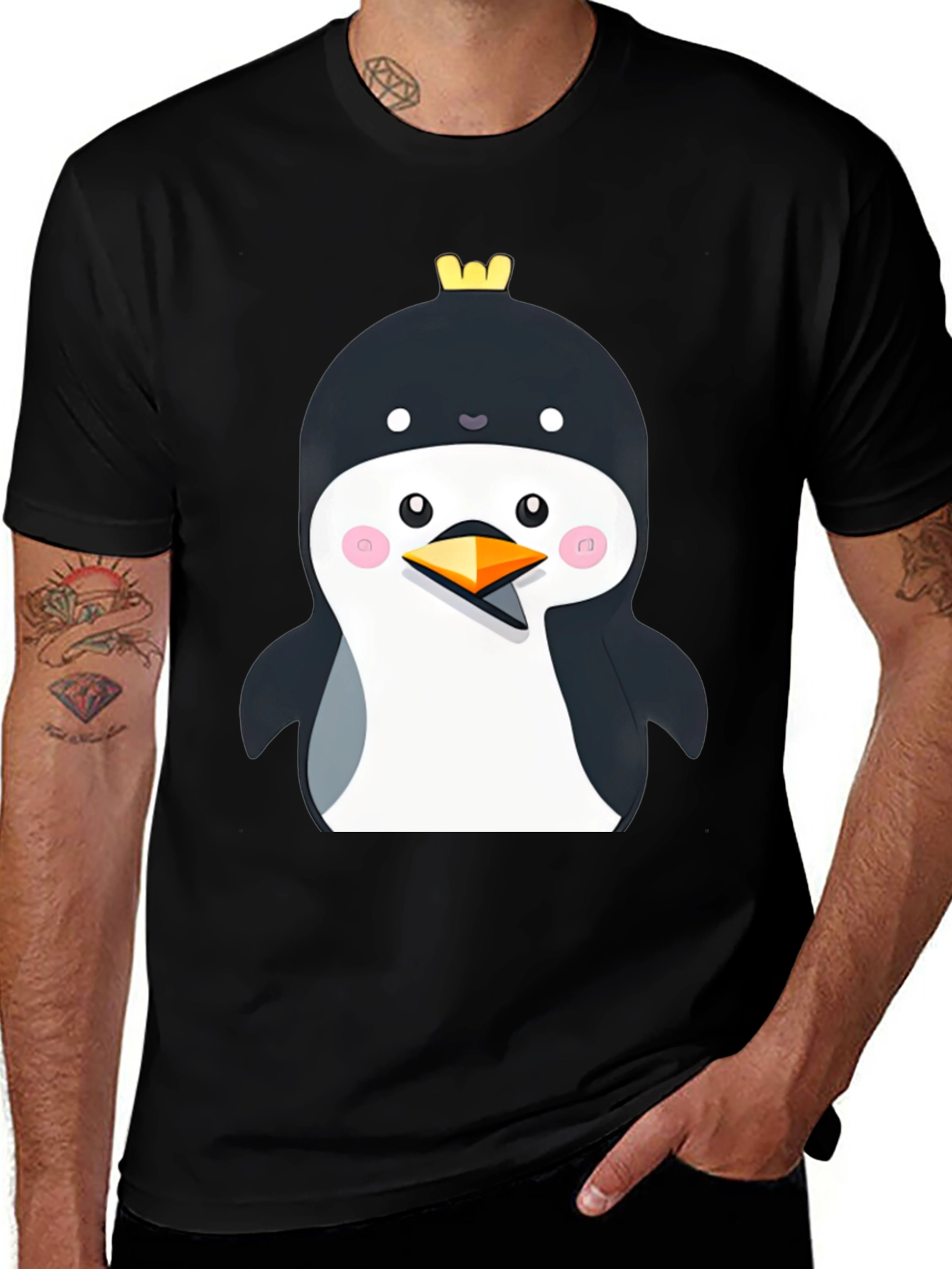 Penguin with Crown Black T-Shirt - Cute Cartoon Style