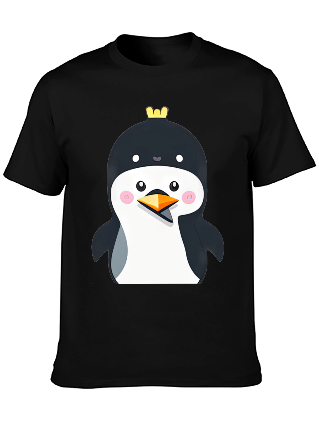 Penguin with Crown Black T-Shirt - Cute Cartoon Style