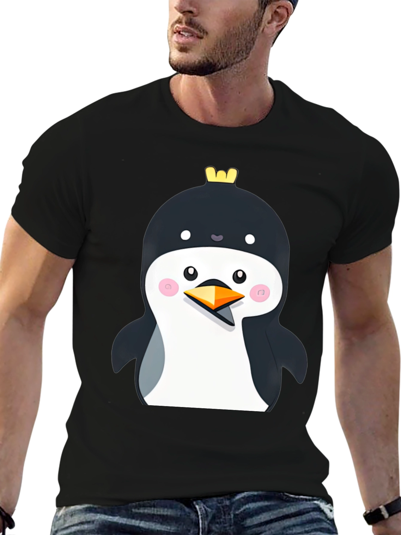 Penguin with Crown Black T-Shirt - Cute Cartoon Style