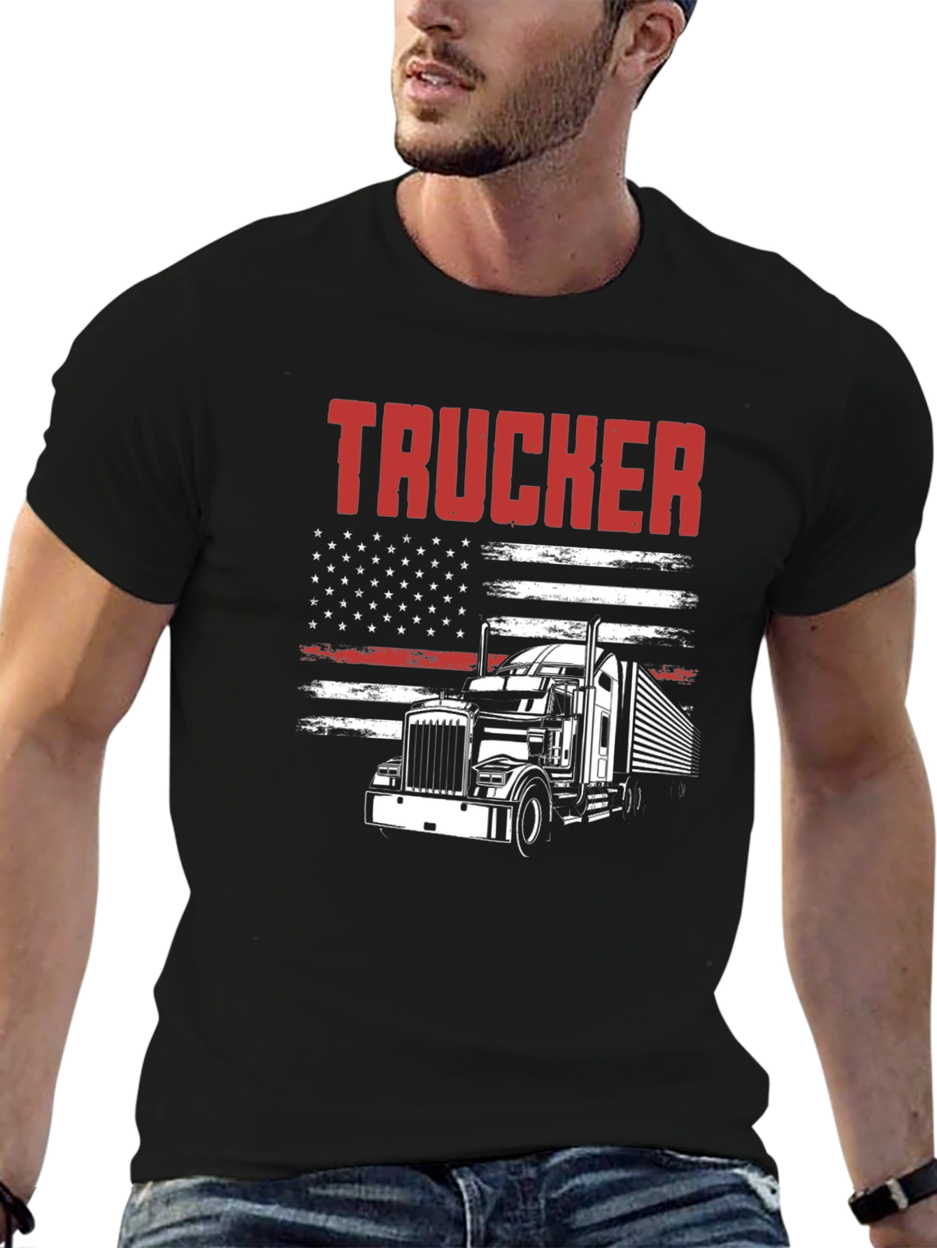 Trucker Graphic T-Shirt - American Flag Design