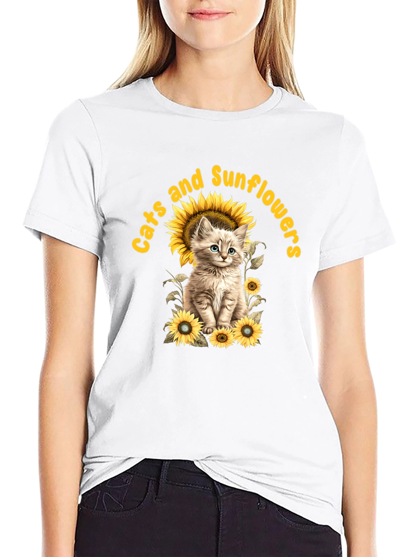 Cats and Sunflowers Black T-Shirt
