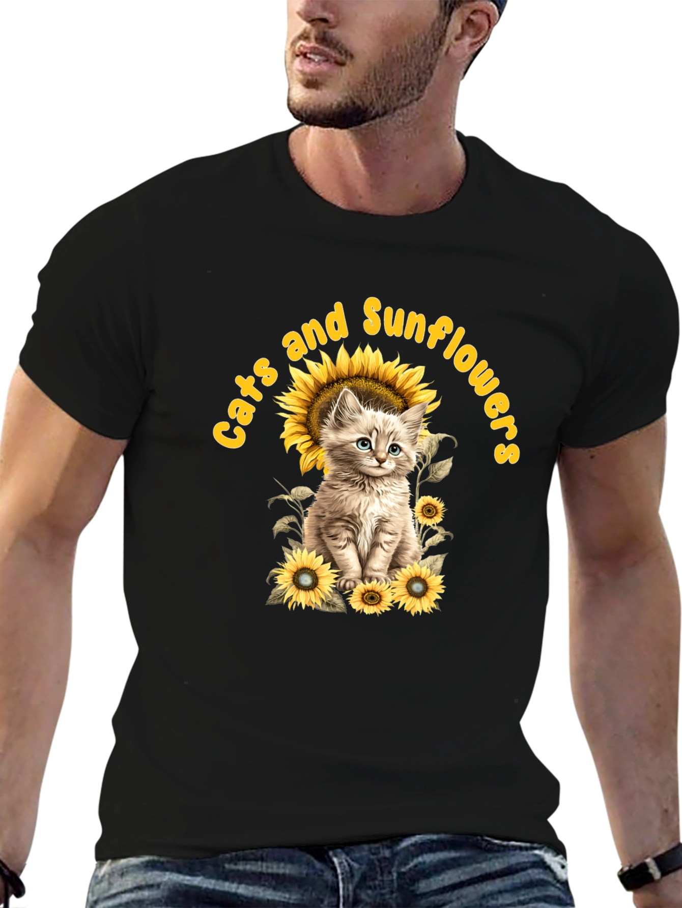 Cats and Sunflowers Black T-Shirt