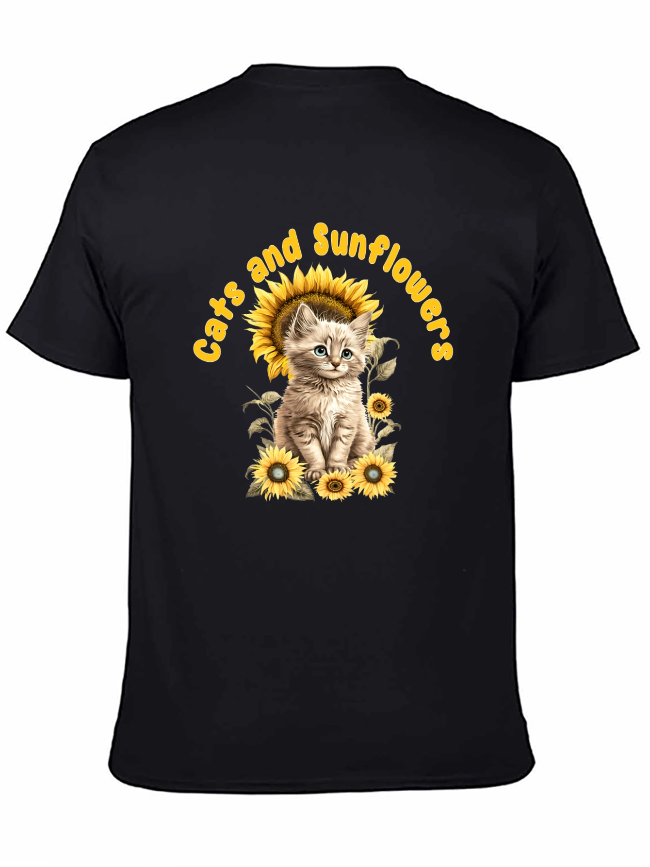 Cats and Sunflowers Black T-Shirt