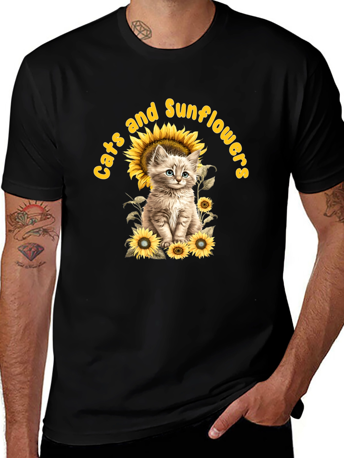 Cats and Sunflowers Black T-Shirt