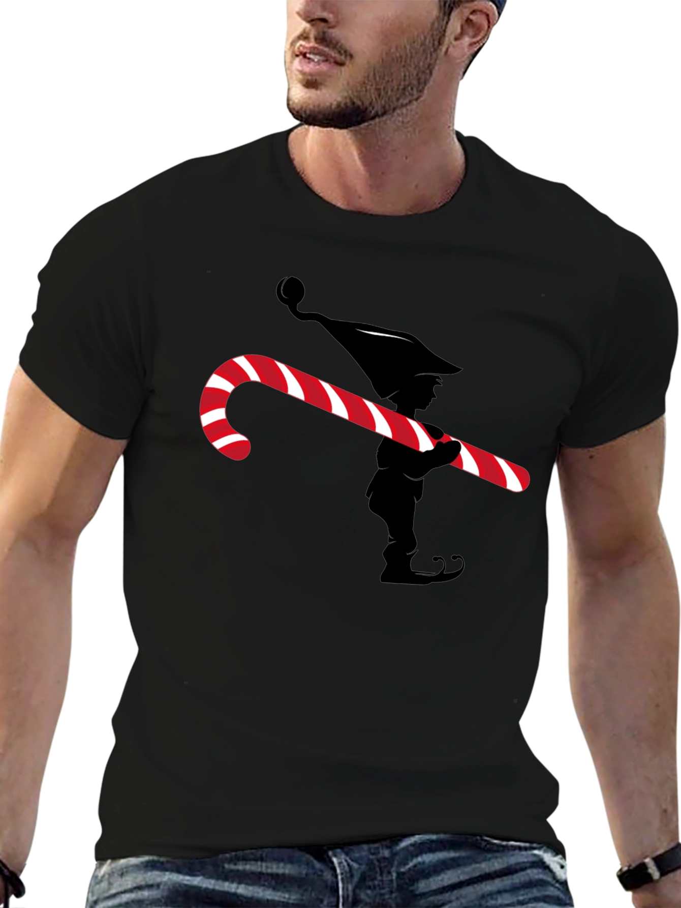 Elf with Candy Cane Graphic Tee - Christmas T-Shirt