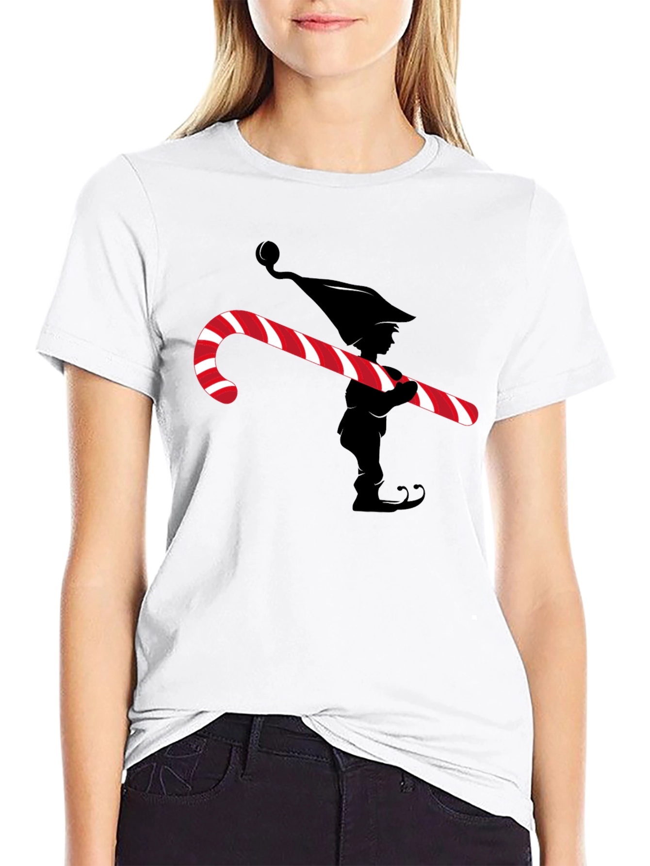 Elf with Candy Cane Graphic Tee - Christmas T-Shirt